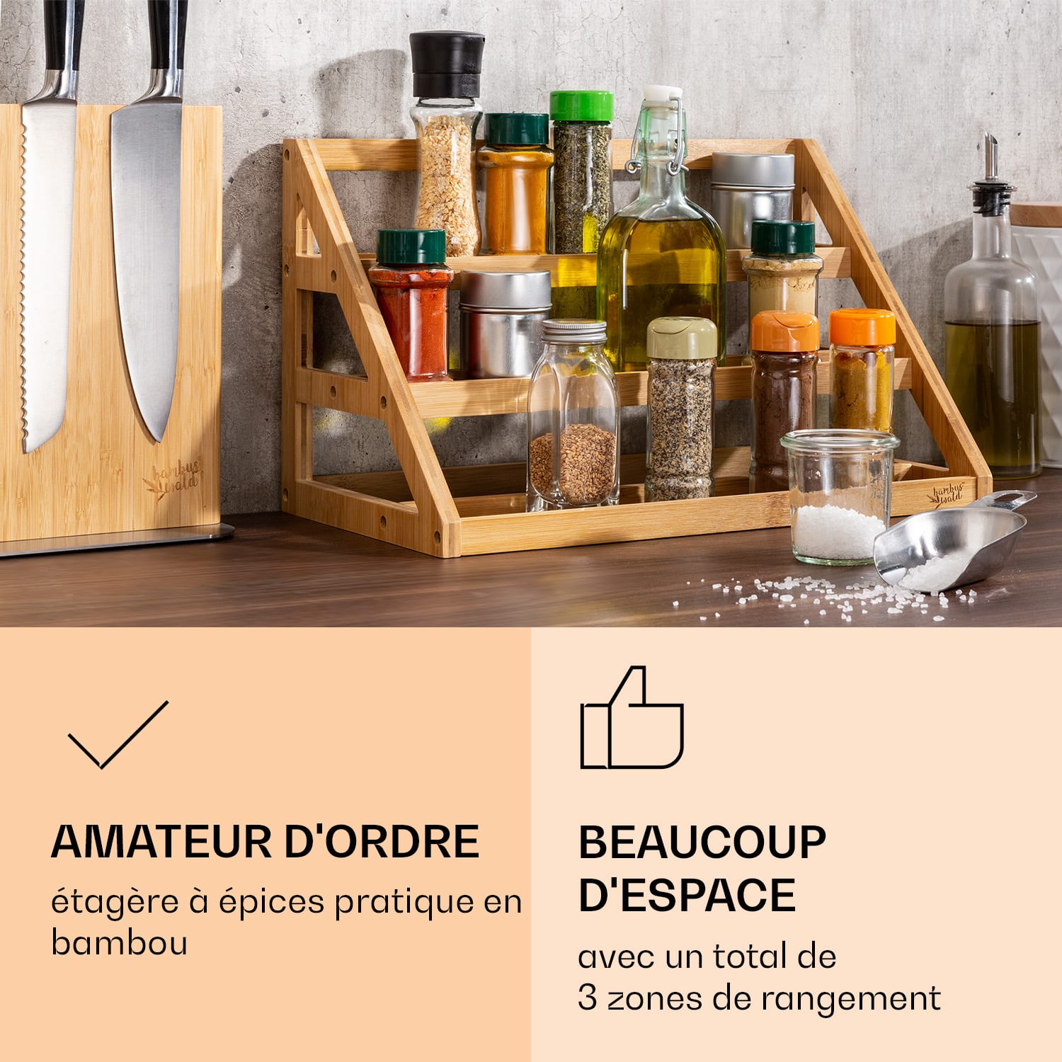 Porte-épices triangulaire 3 étagères 39,5 x 23,2 x 21,5 cm bambou durable 