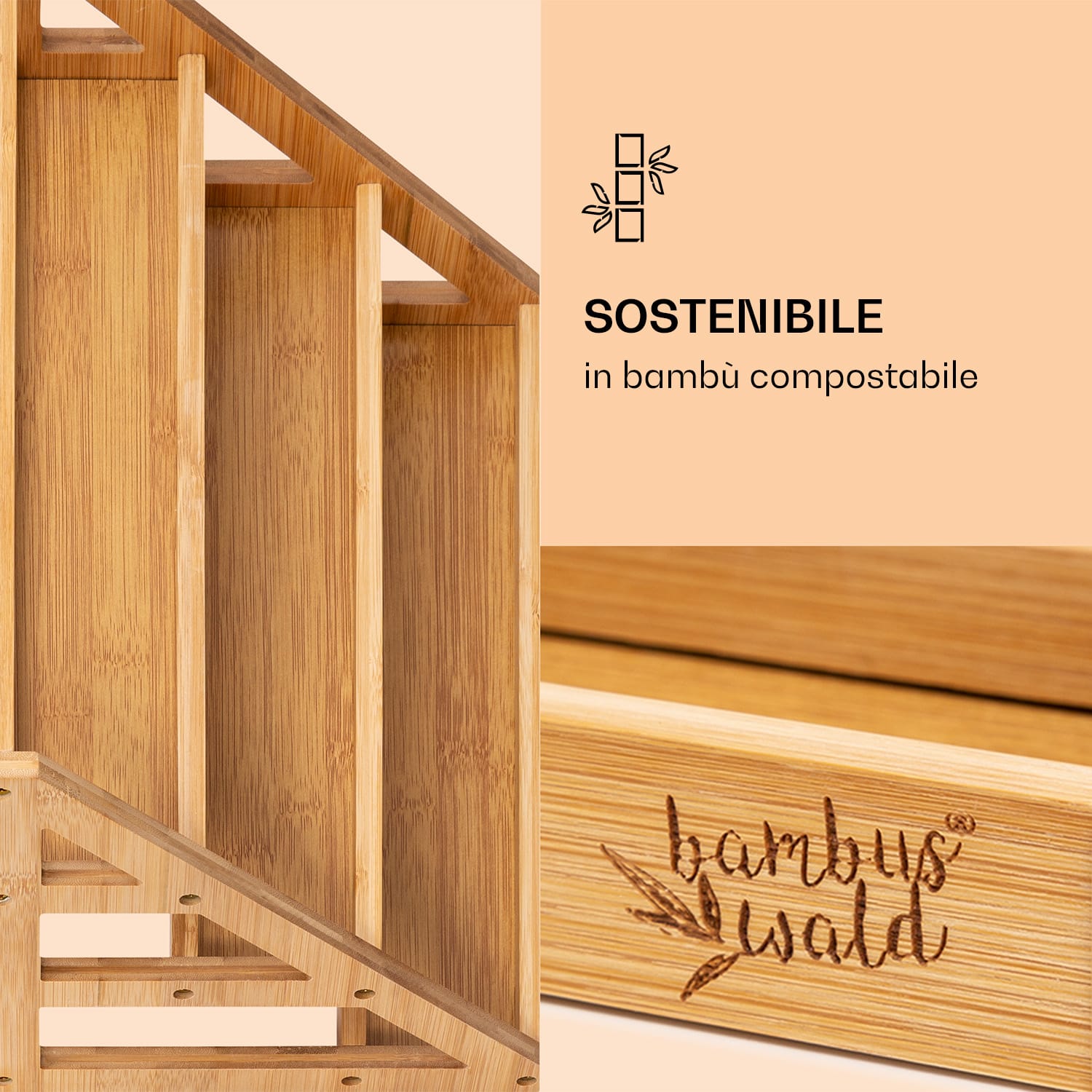 Portaspezie triangolare, 3 ripiani, 39,5 x 23,2 x 21,5 cm, in bambù sostenibile 