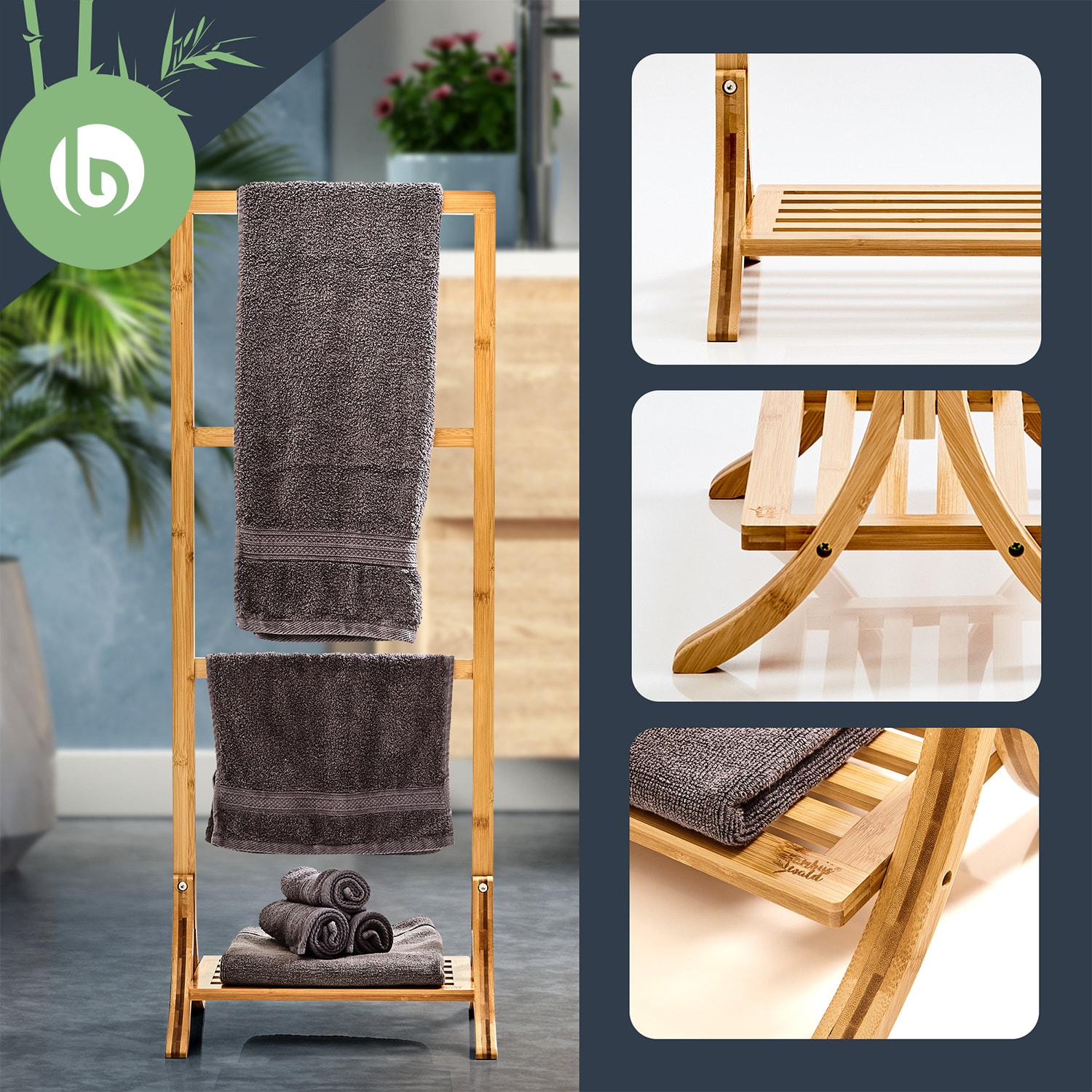 Věšák na ručníky, 3 tyčky na ručníky, 40 x 104,5 x 27 cm, žebříkový design, bambus