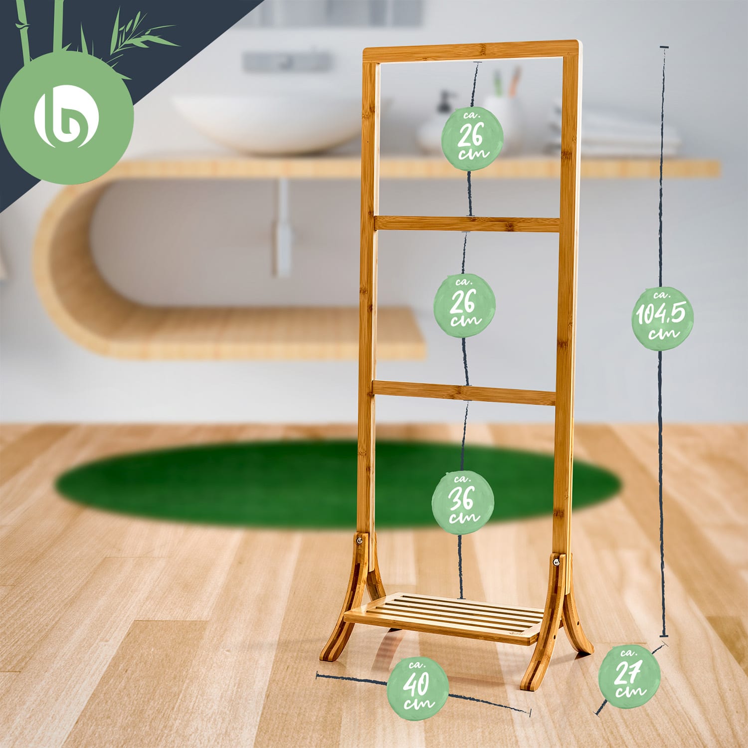 Věšák na ručníky, 3 tyčky na ručníky, 40 x 104,5 x 27 cm, žebříkový design, bambus