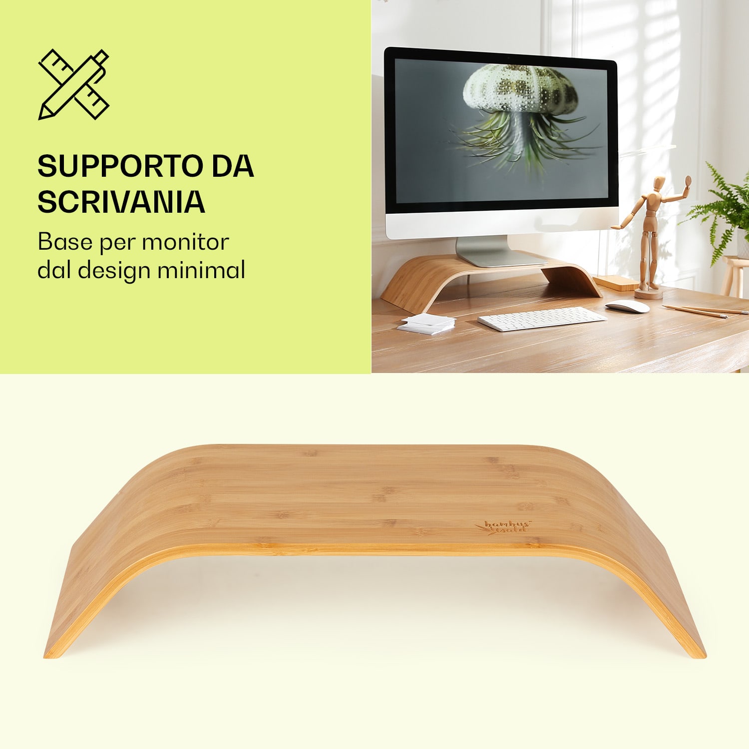 Appoggio di design per monitor, 52,5 x 10 x 24 cm, tollera carichi fino a 12 kg, per schermi fino a 12", bambù 
