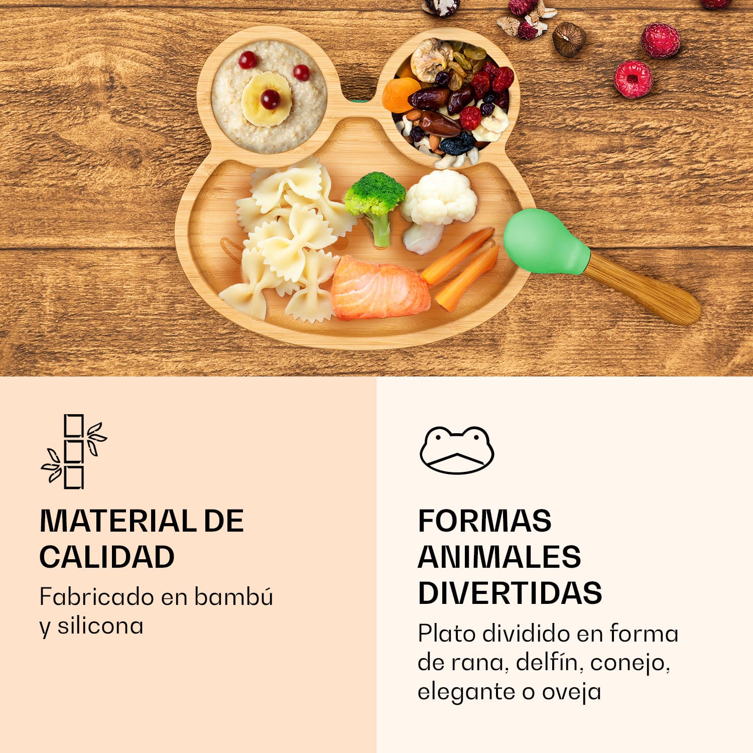 Vajilla infantil con plato de bambú y cuchara 250 ml incl. ventosa 18 x 18 cm rana | Menta