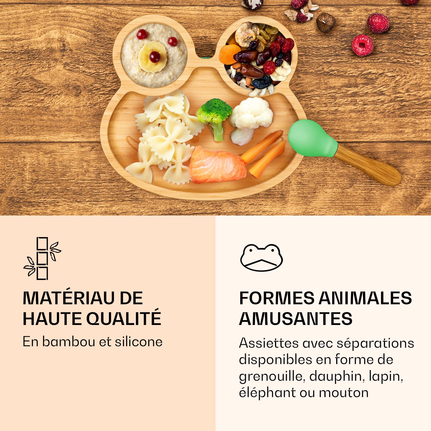 Kinderservies met bamboe bord en lepel 250 ml incl. zuignap 18 x 18 cm kikker | Mint