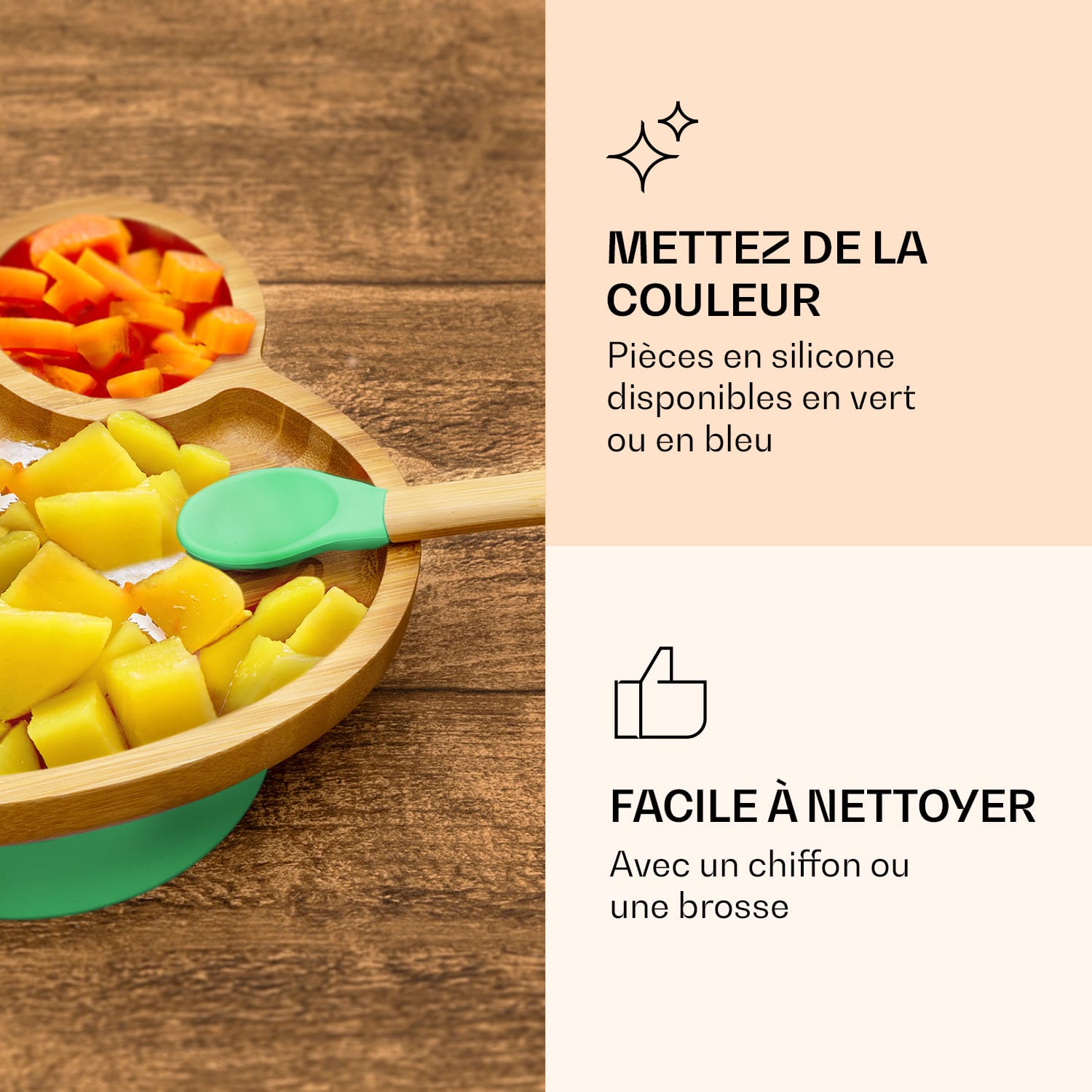 Kinderservies met bamboe bord en lepel 250 ml incl. zuignap 18 x 18 cm kikker | Mint