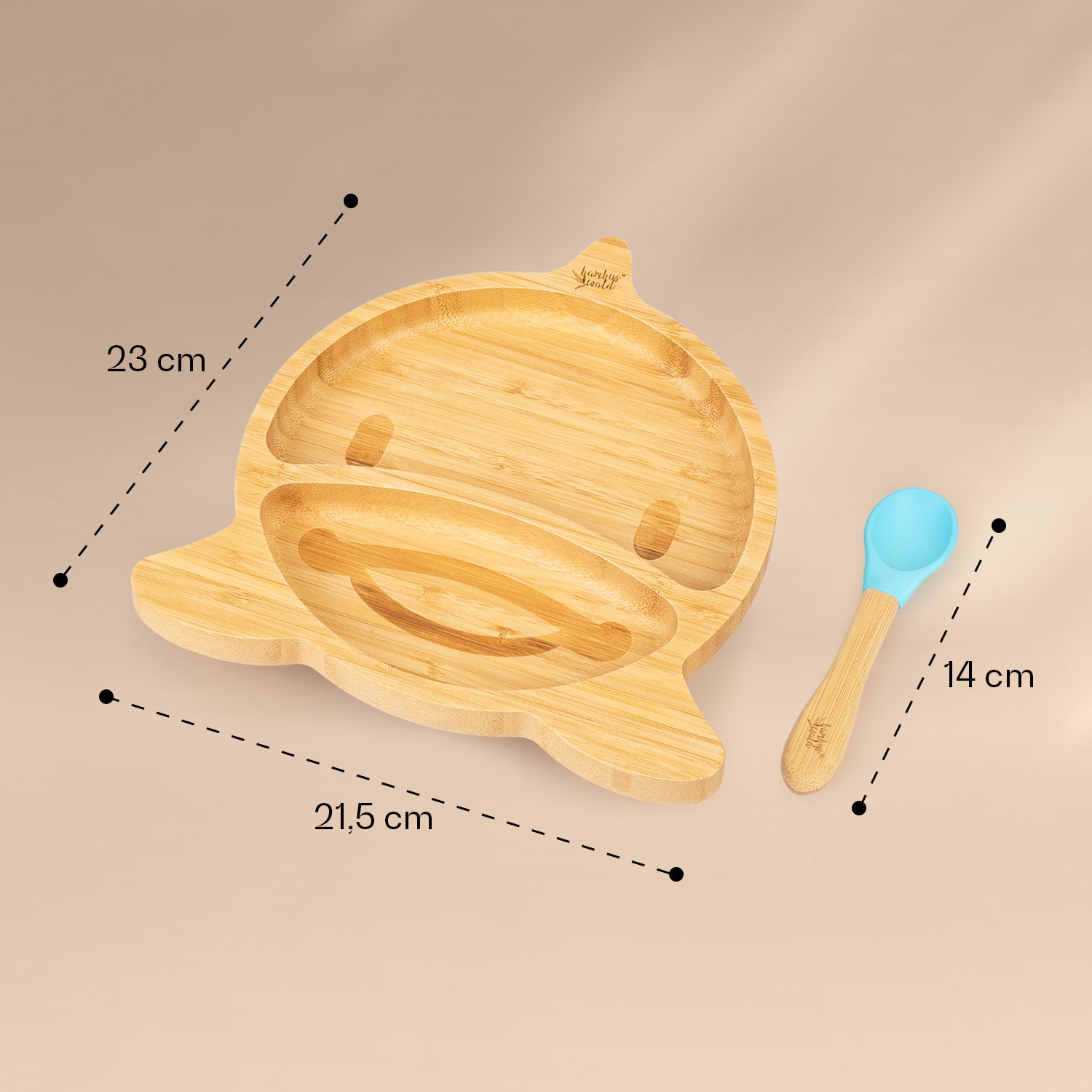 Zestaw naczyń dla dzieci, talerzyk bambusowy z przyssawką + łyżka, 250 ml, 18 x 18 cm 