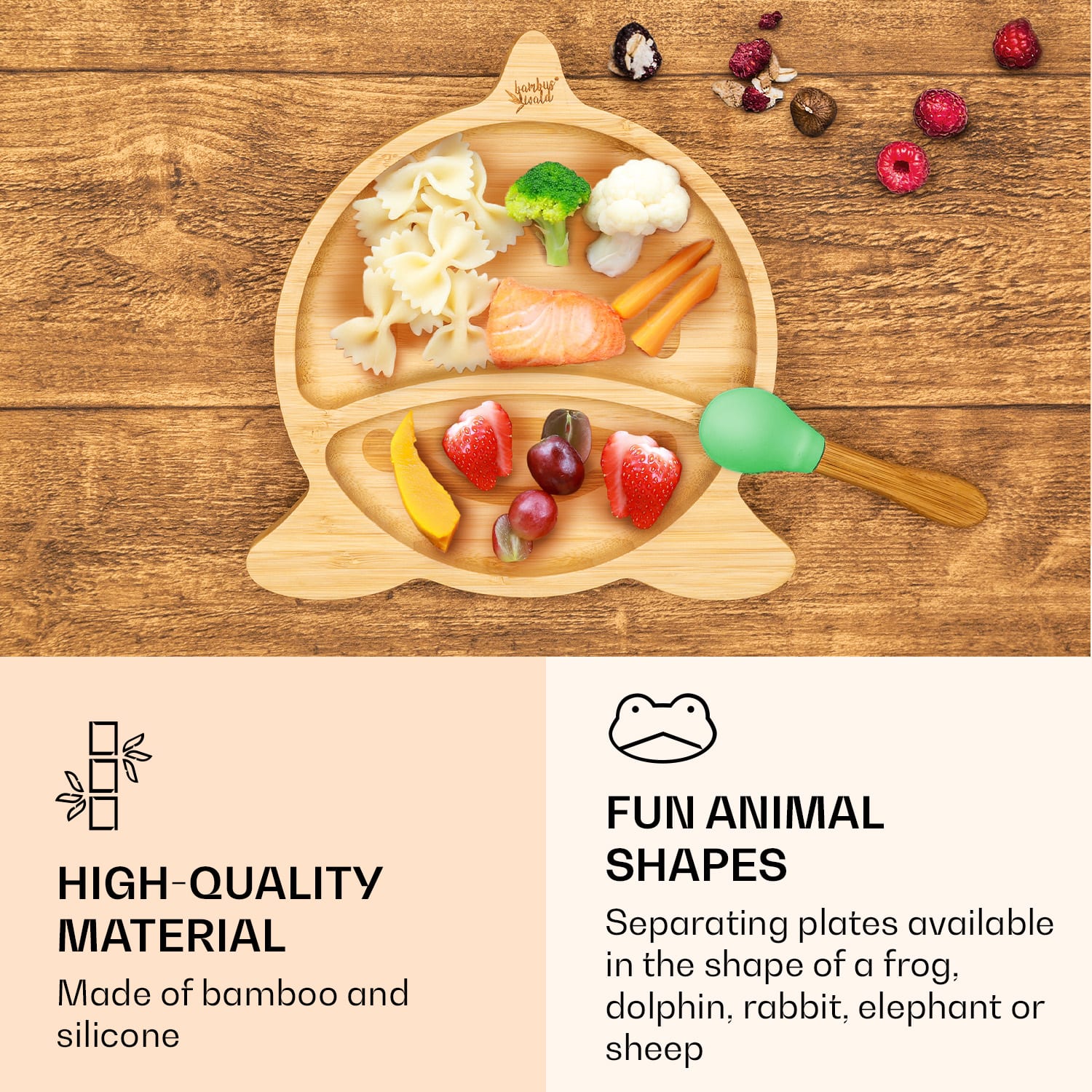 Dječji set za jelo, tanjur i žlica od bambusa, 250 ml, uključujući usisnu čašicu, 18 × 18 cm dupin | Menta