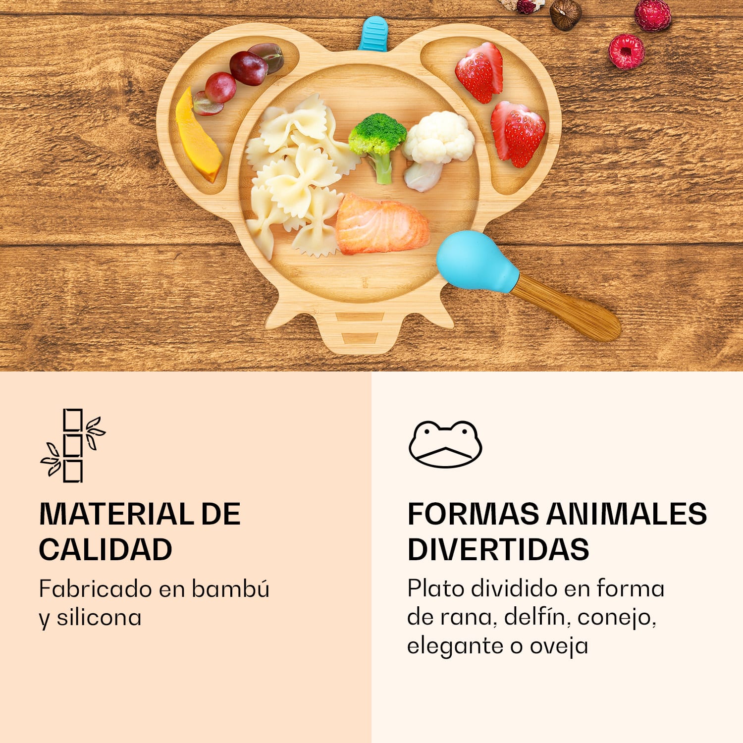 Vajilla infantil con plato de bambú y cuchara 250 ml incl. ventosa 18 x 18 cm elefante | Aguamarina