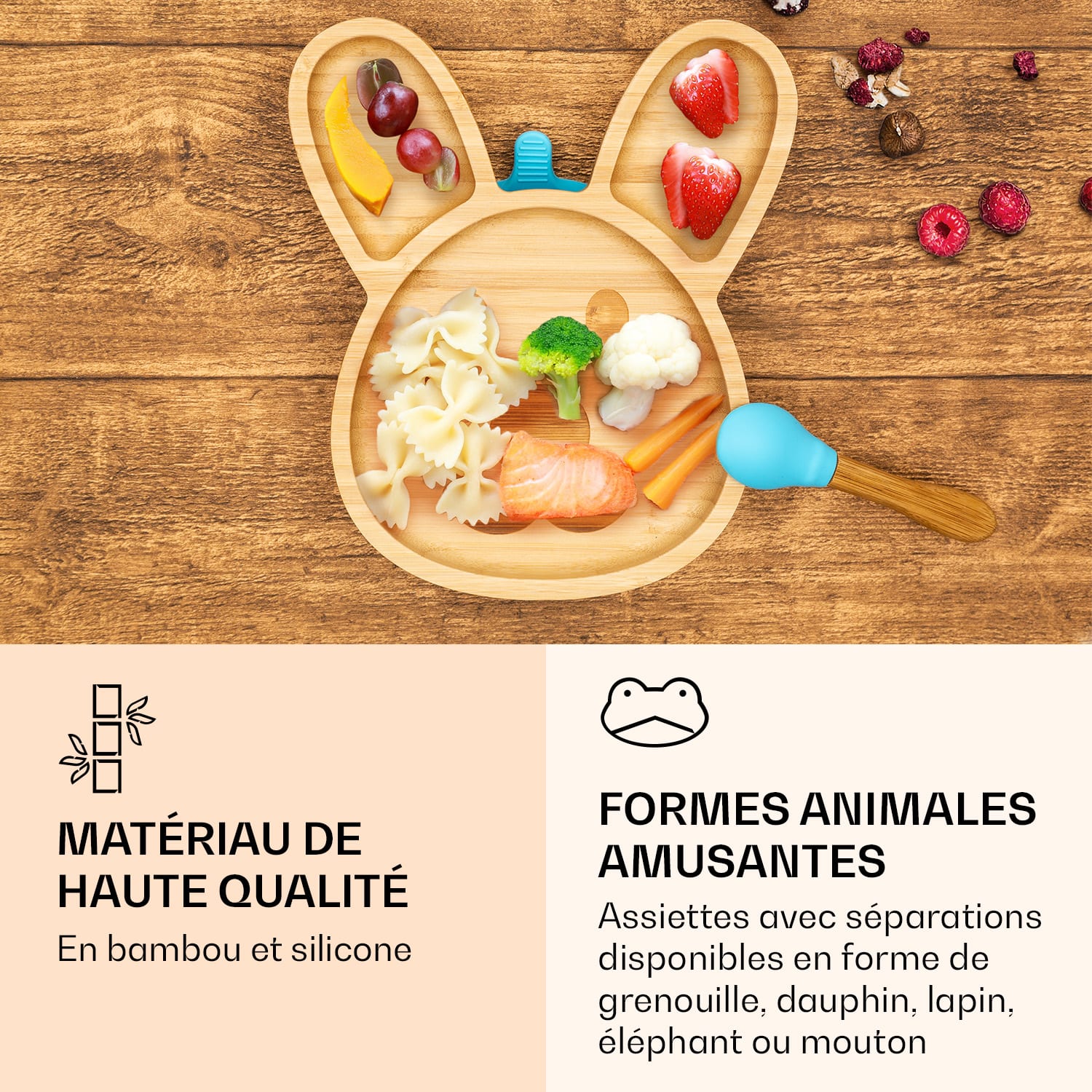 Kinderservies met bamboe bord en lepel 250 ml incl. zuignap 18 x 18 cm Haas | Aqua