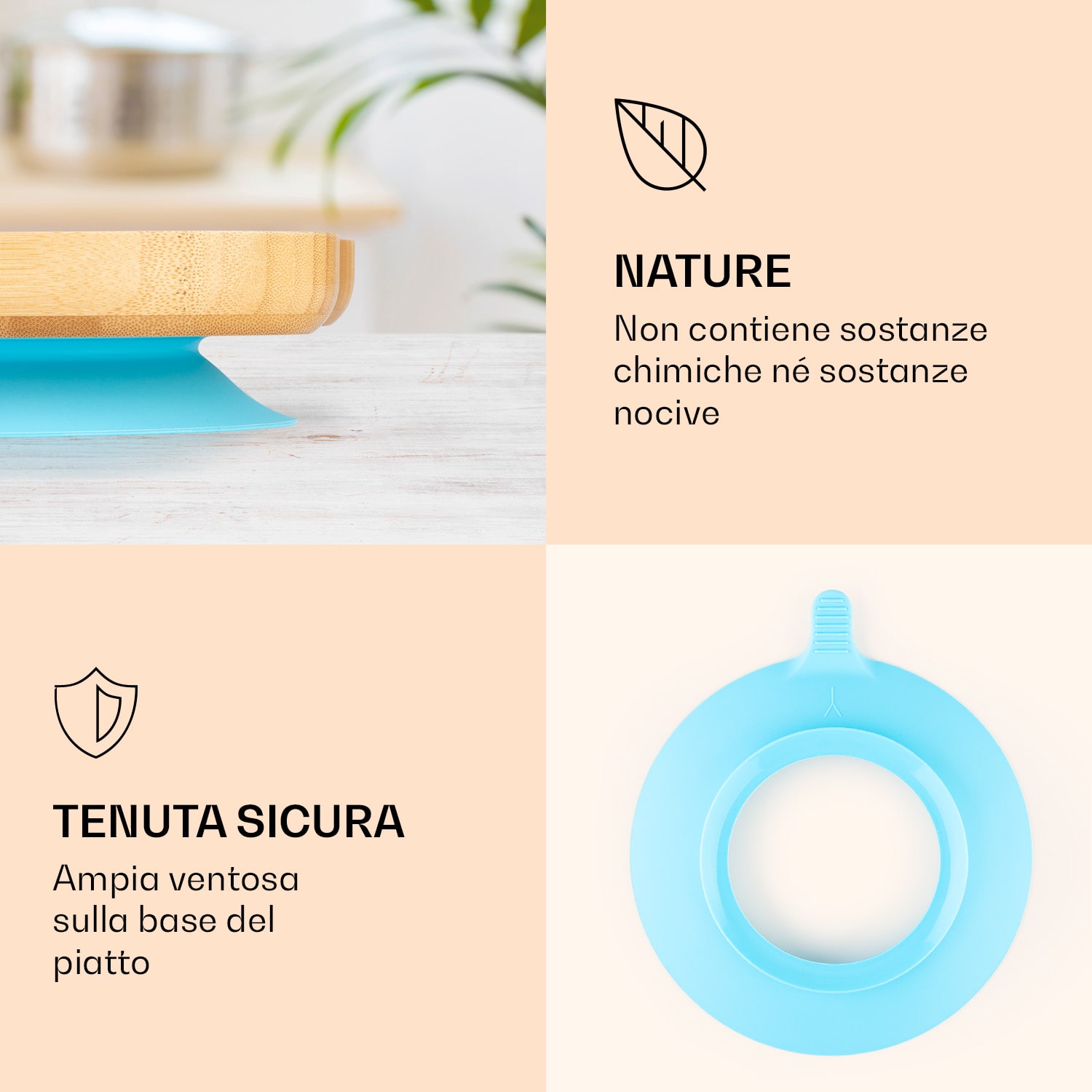 Stoviglie per bambini piatto di bambù e cucchiaio da 250 ml incl. ventosa 18 x 18 cm lepre | Verde acqua