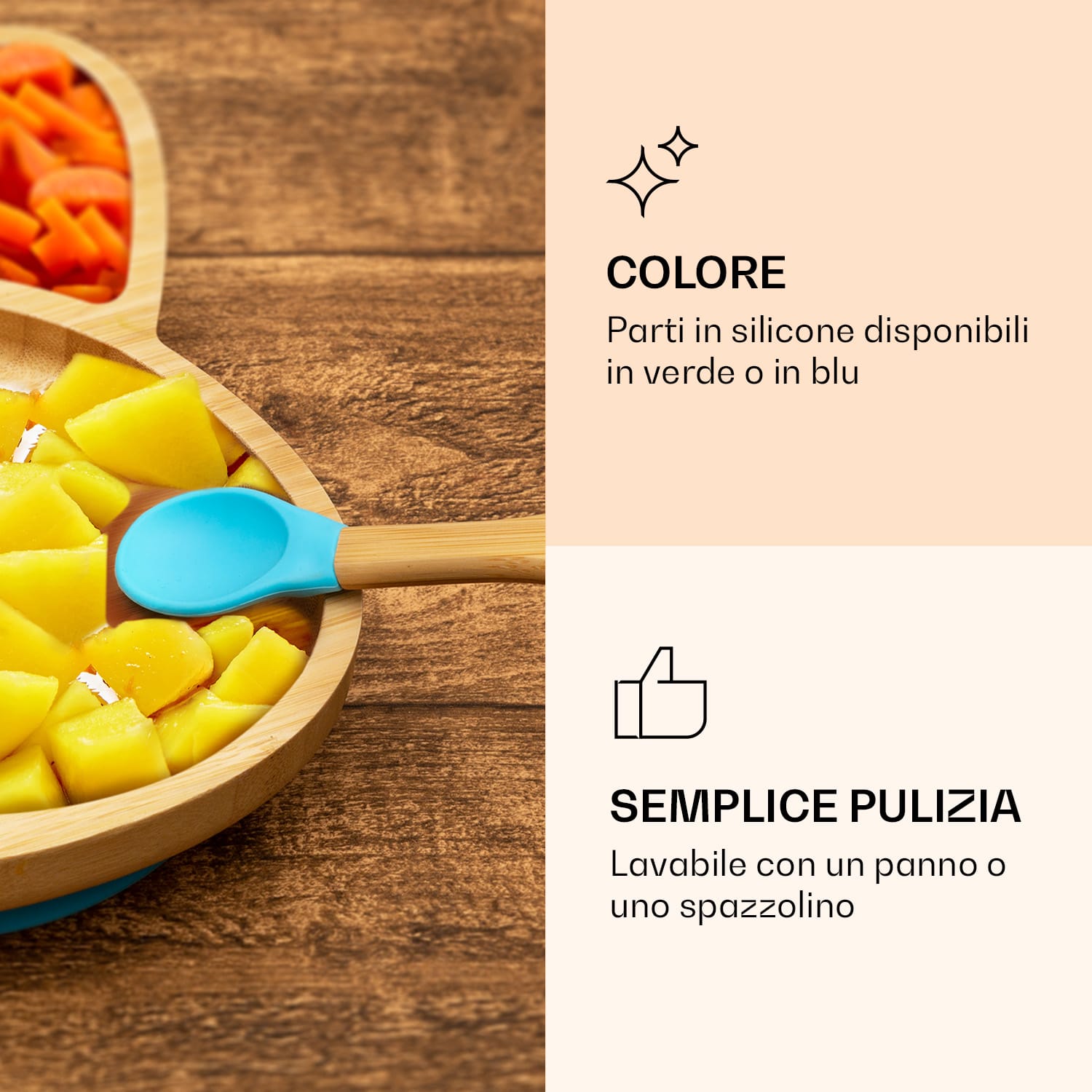 Stoviglie per bambini piatto di bambù e cucchiaio da 250 ml incl. ventosa 18 x 18 cm lepre | Verde acqua