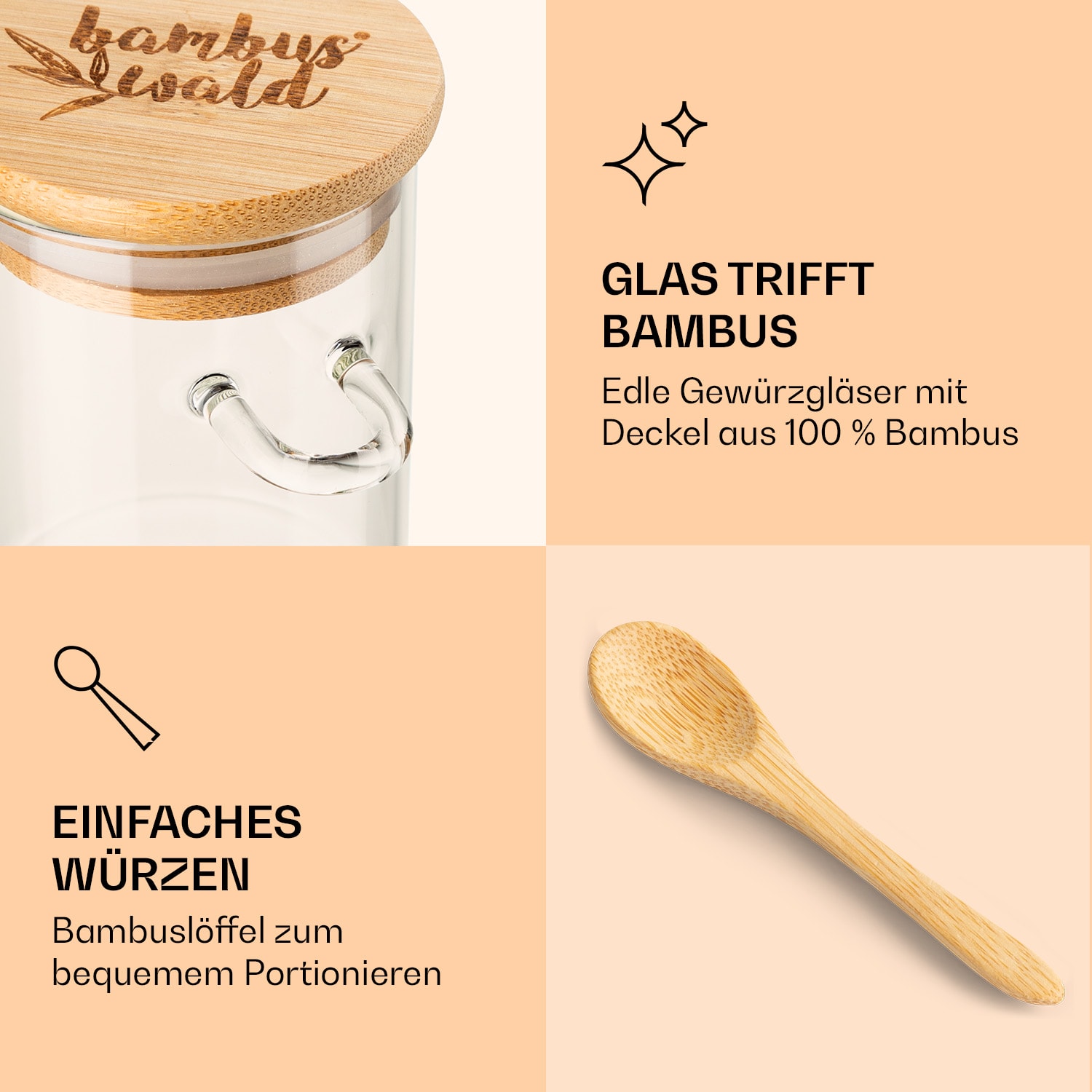 Gewürzgläser mit Bambuslöffel 6 Stück je 200 ml luftdicht 