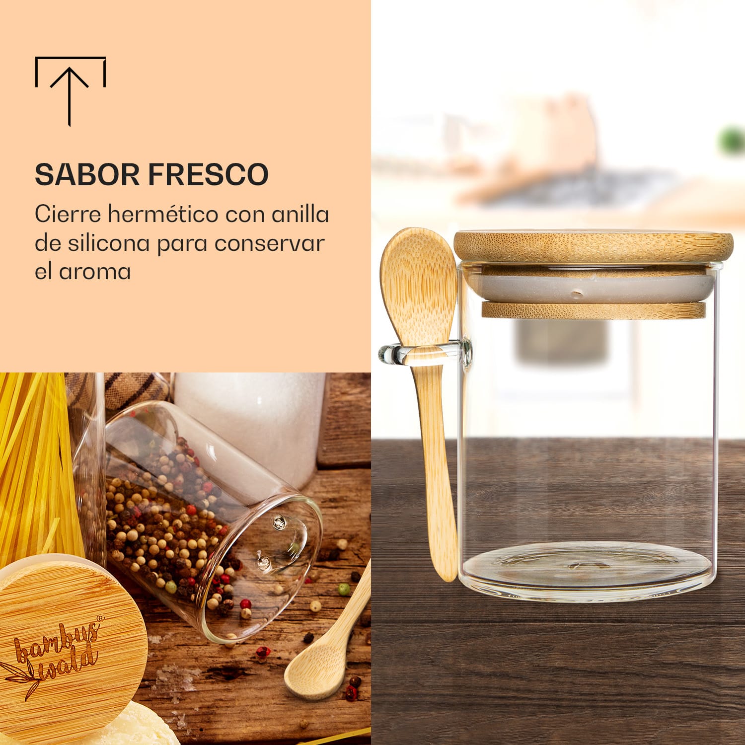 Tarros de especias con cuchara de bambú 6 piezas cada uno 200 ml herméticos 