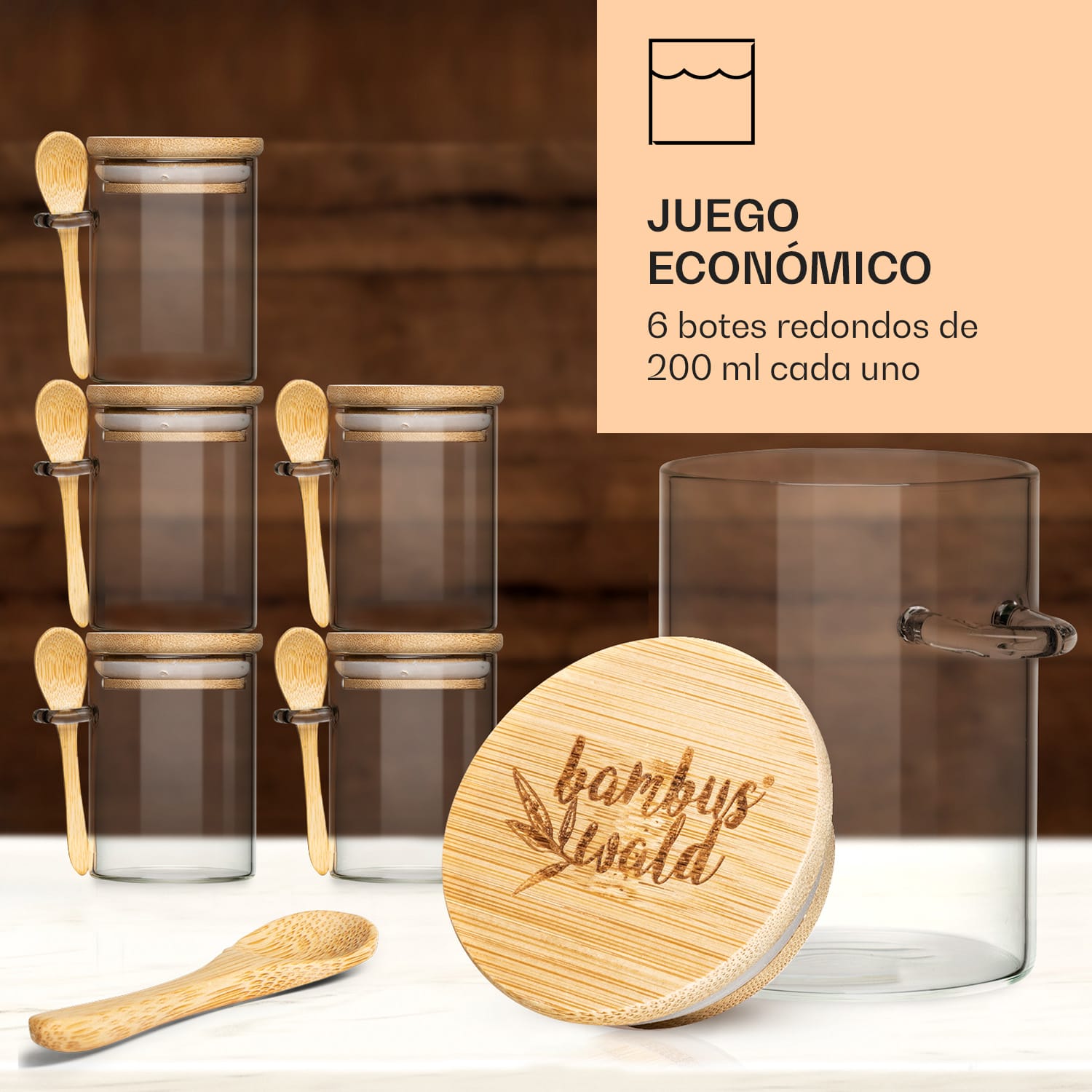 Tarros de especias con cuchara de bambú 6 piezas cada uno 200 ml herméticos 