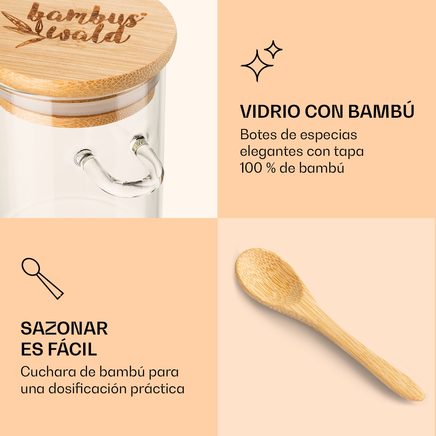 Tarros de especias con cuchara de bambú 6 piezas cada uno 200 ml herméticos 