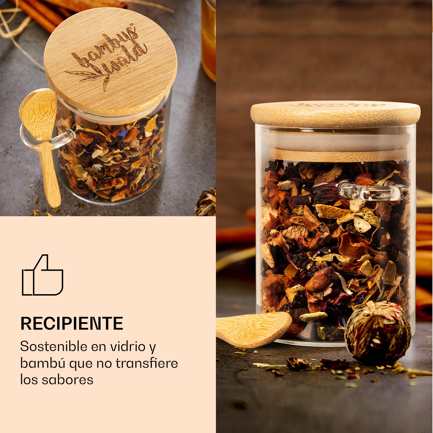 Tarros de especias con cuchara de bambú 6 piezas cada uno 200 ml herméticos 