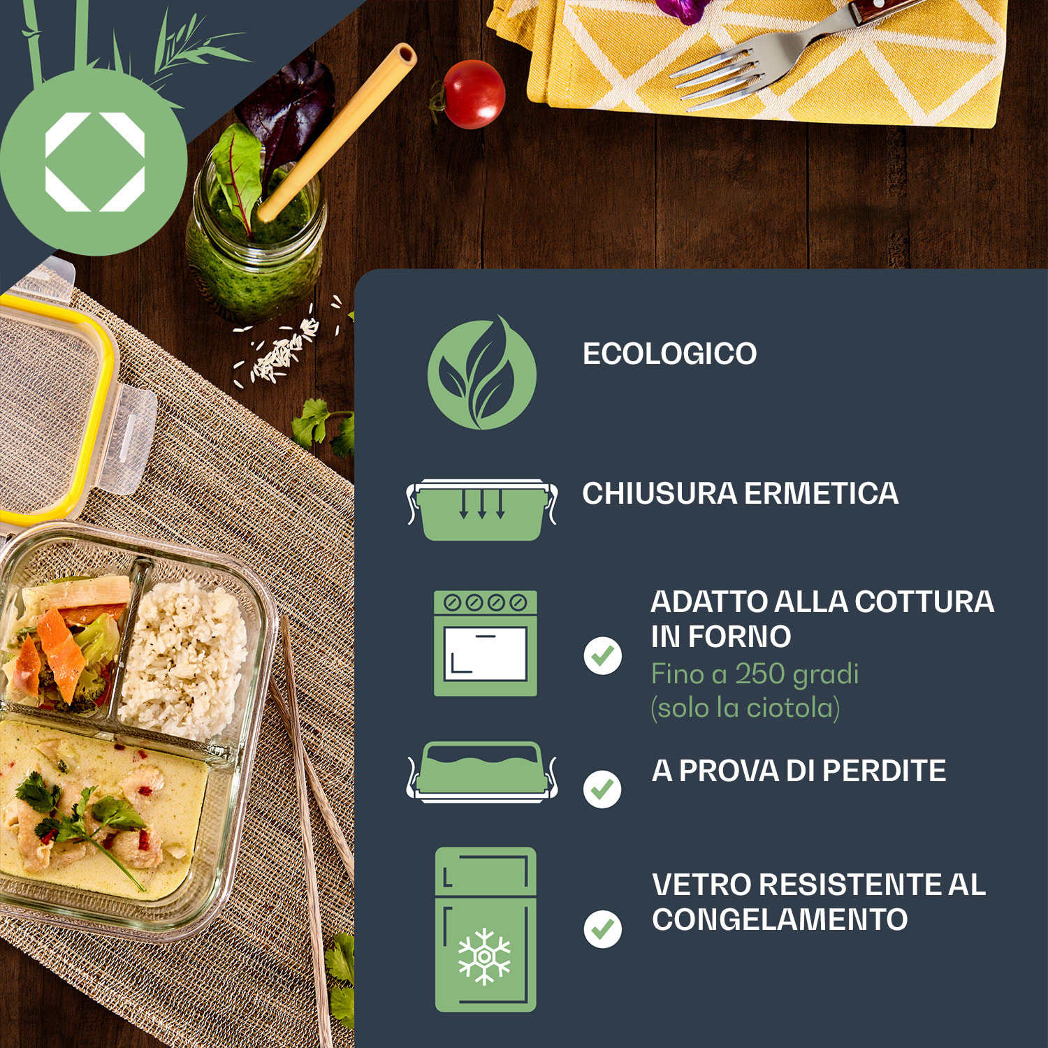 Porta pranzo con divisori set da 4 contenuto: 1040 ml cad. 3 scomparti a prova di perdite 