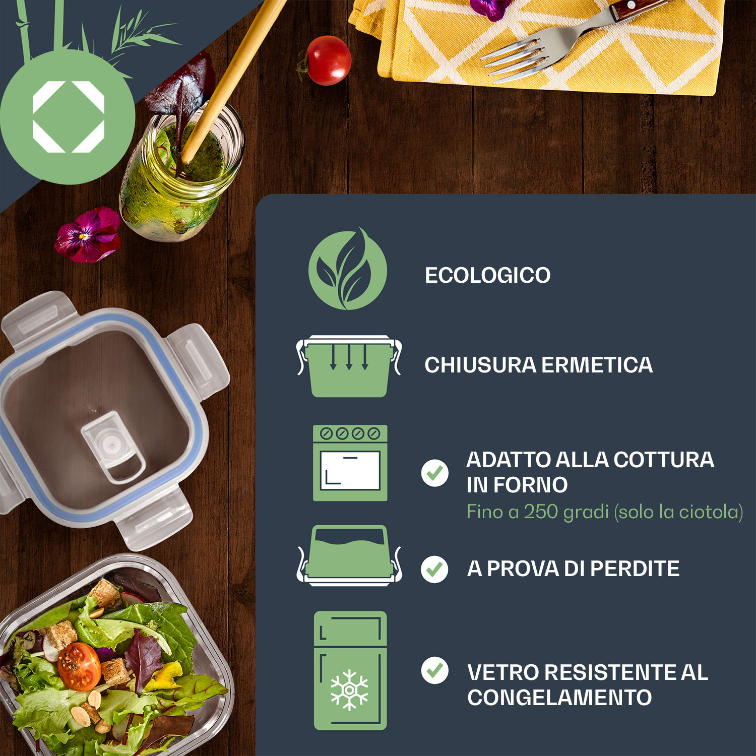 Contenitori di vetro quadrati 800 ml, 620 ml, 320 ml con coperchio ermetico a prova di perdite 
