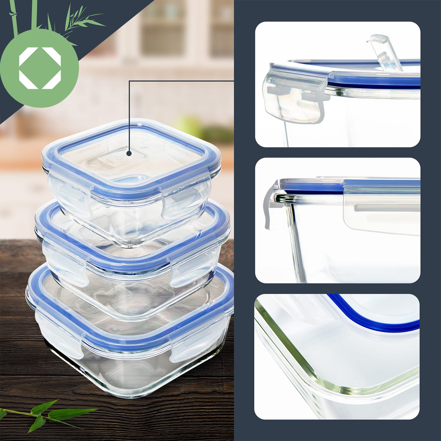 Contenitori di vetro quadrati 800 ml, 620 ml, 320 ml con coperchio ermetico a prova di perdite 