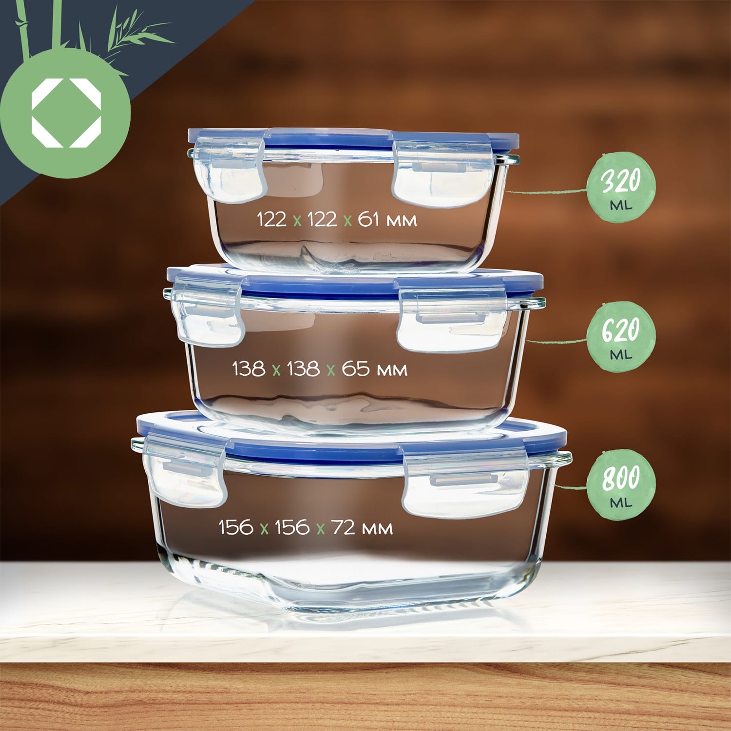 Contenitori di vetro quadrati 800 ml, 620 ml, 320 ml con coperchio ermetico a prova di perdite 