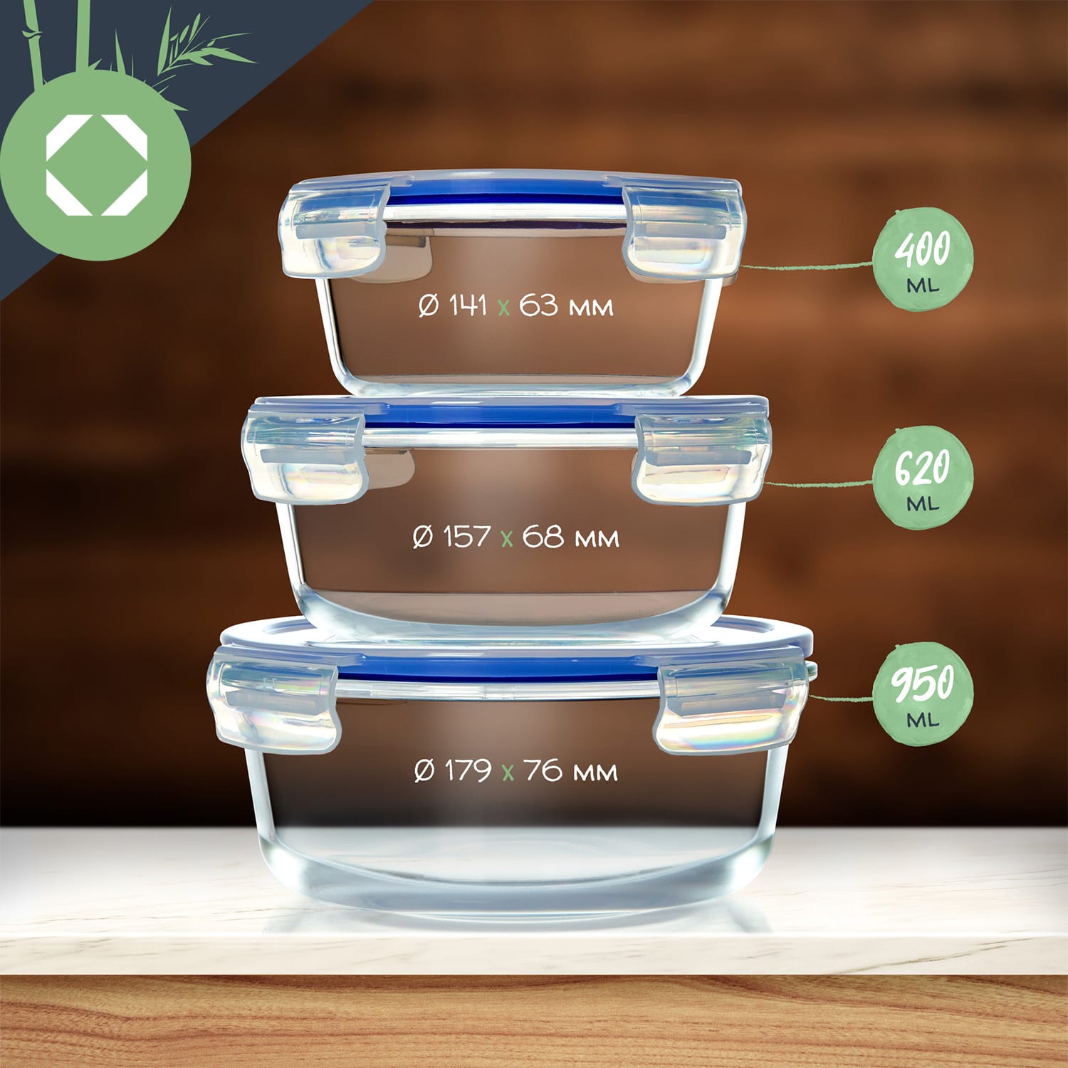 Okrogle steklene posode, 950 ml, 620 ml, 400 ml, s pokrovom, odporne proti zmrzali, vodotesne 