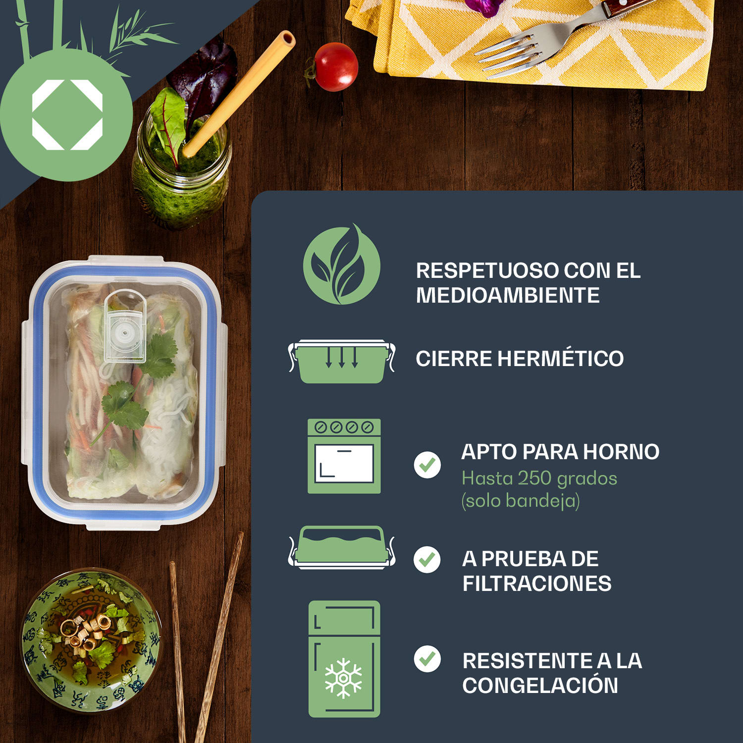 Fiambrera de vidrio rectangular 1520 ml, 1040 ml, 640 ml, 370 ml con tapa  Juego de 4 unidades 