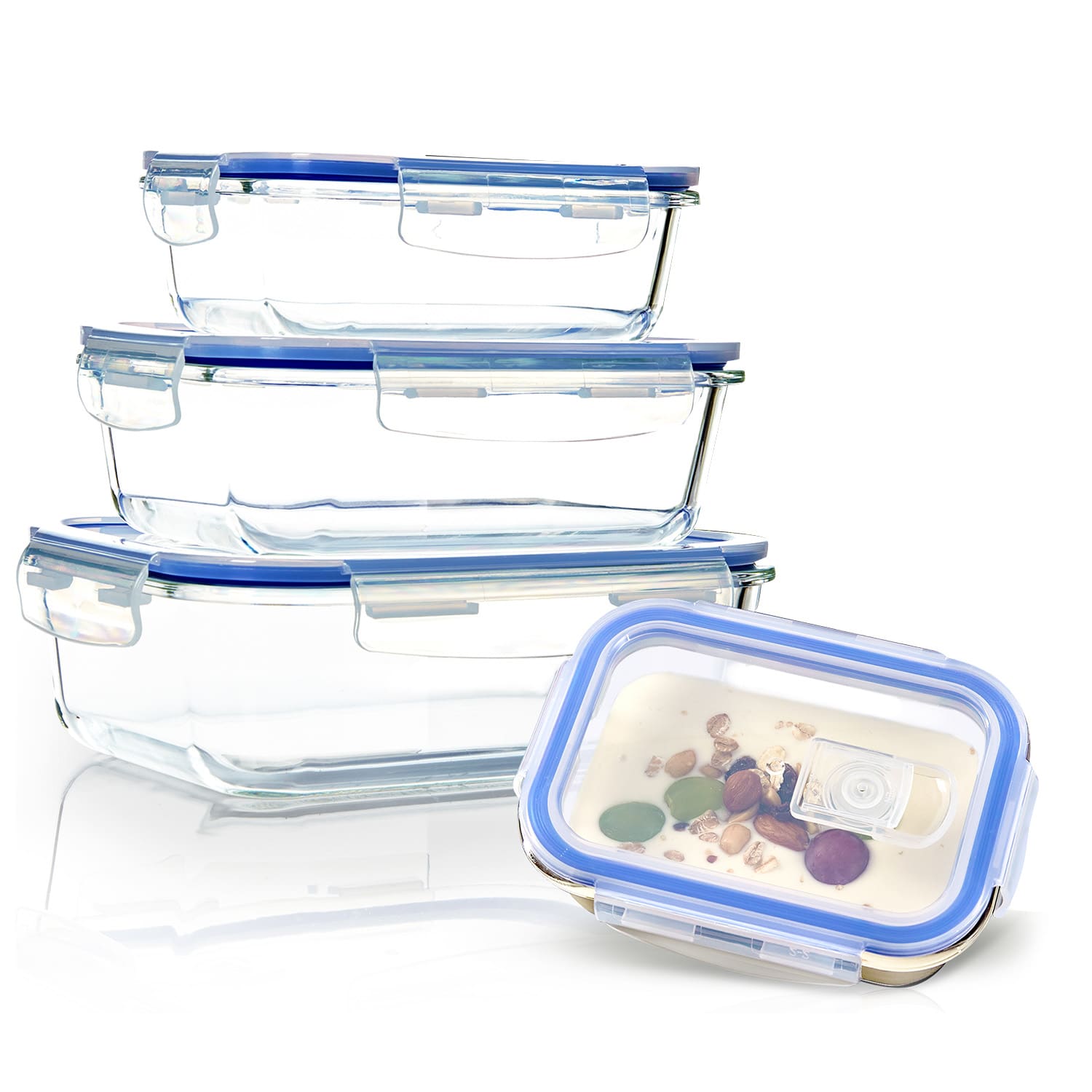 Rektangulär glaslåda 1520 ml, 1040 ml, 640 ml, 370 ml med lock 4-pack 