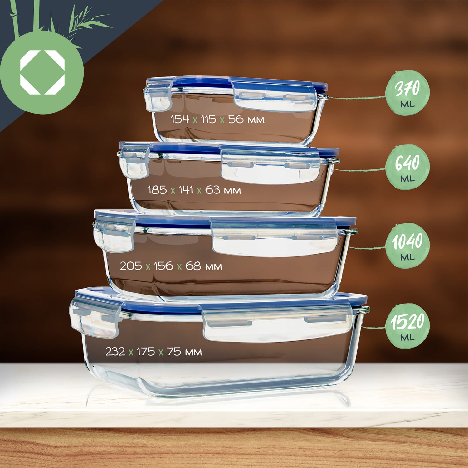 Rektangulär glaslåda 1520 ml, 1040 ml, 640 ml, 370 ml med lock 4-pack 