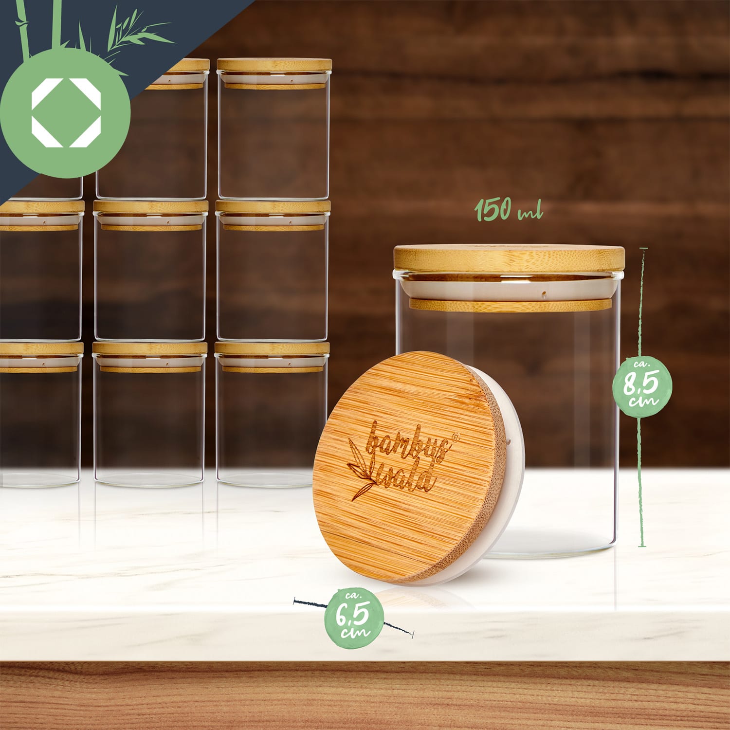 Zestaw okrągłych słoików na żywność, bambusowe pokrywki, 10 x 150 ml, szczelne 