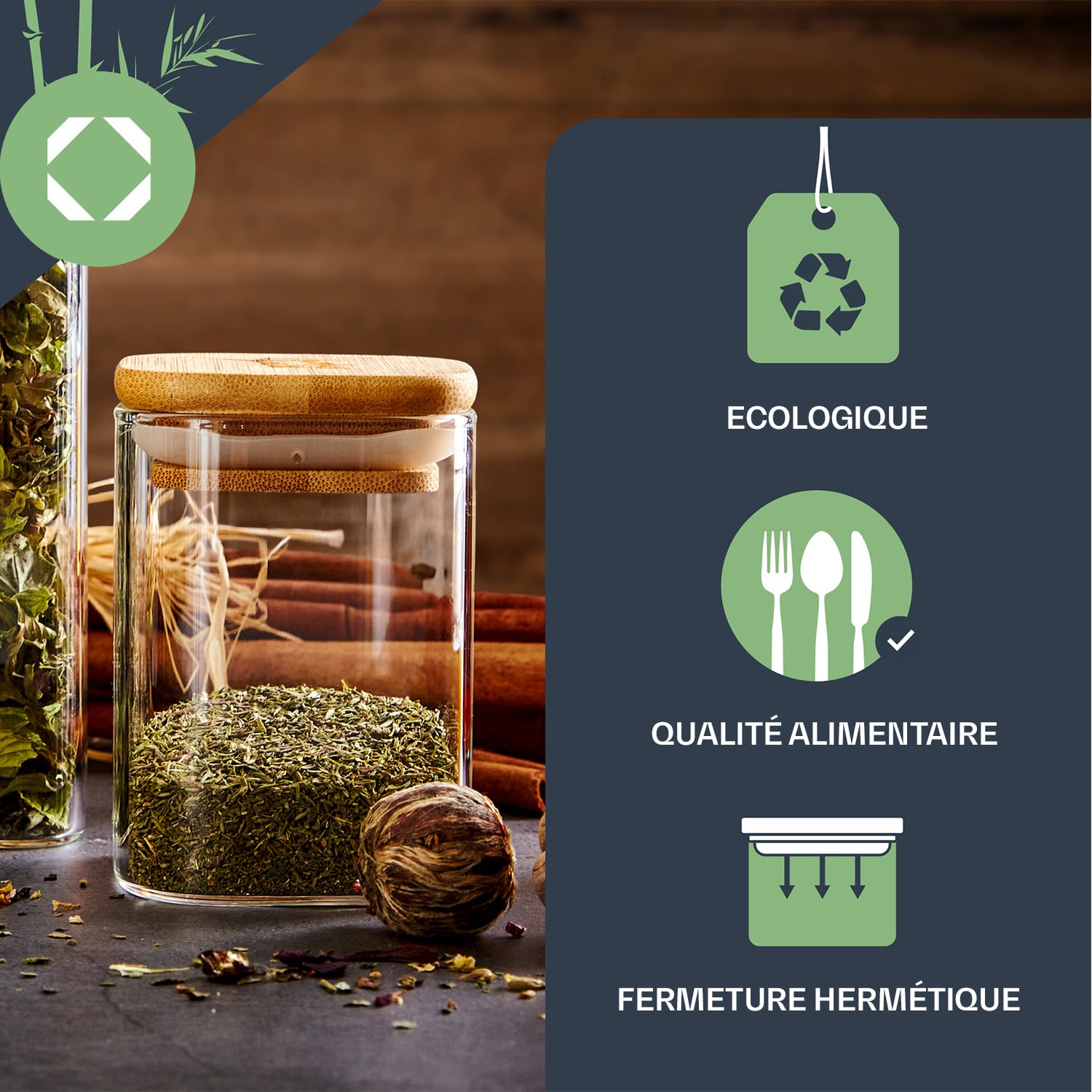 Bocaux carrés avec couvercles en bambou 10 pièces de 150 ml chacun hermétiques 