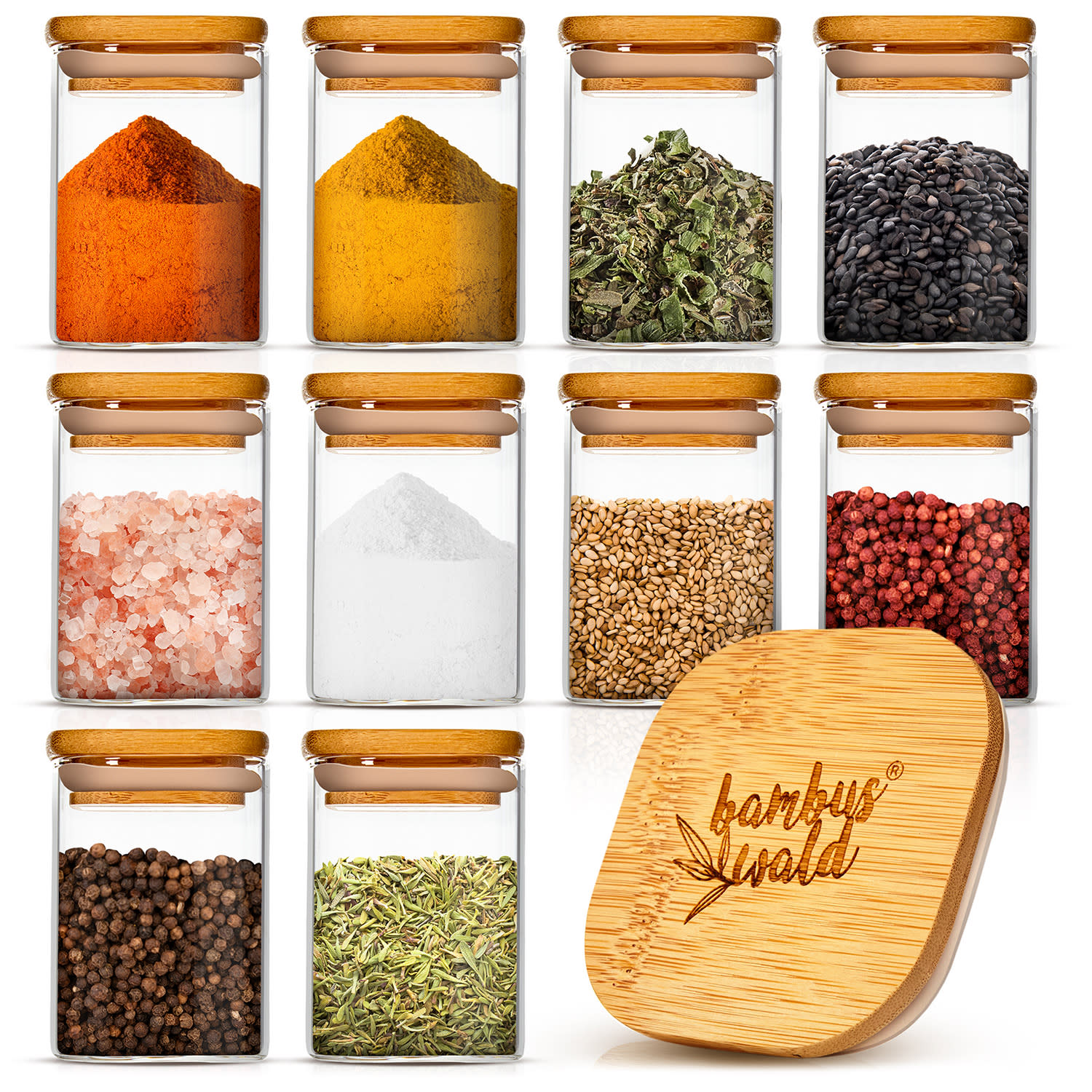 Bocaux carrés avec couvercles en bambou 10 pièces de 150 ml chacun hermétiques 