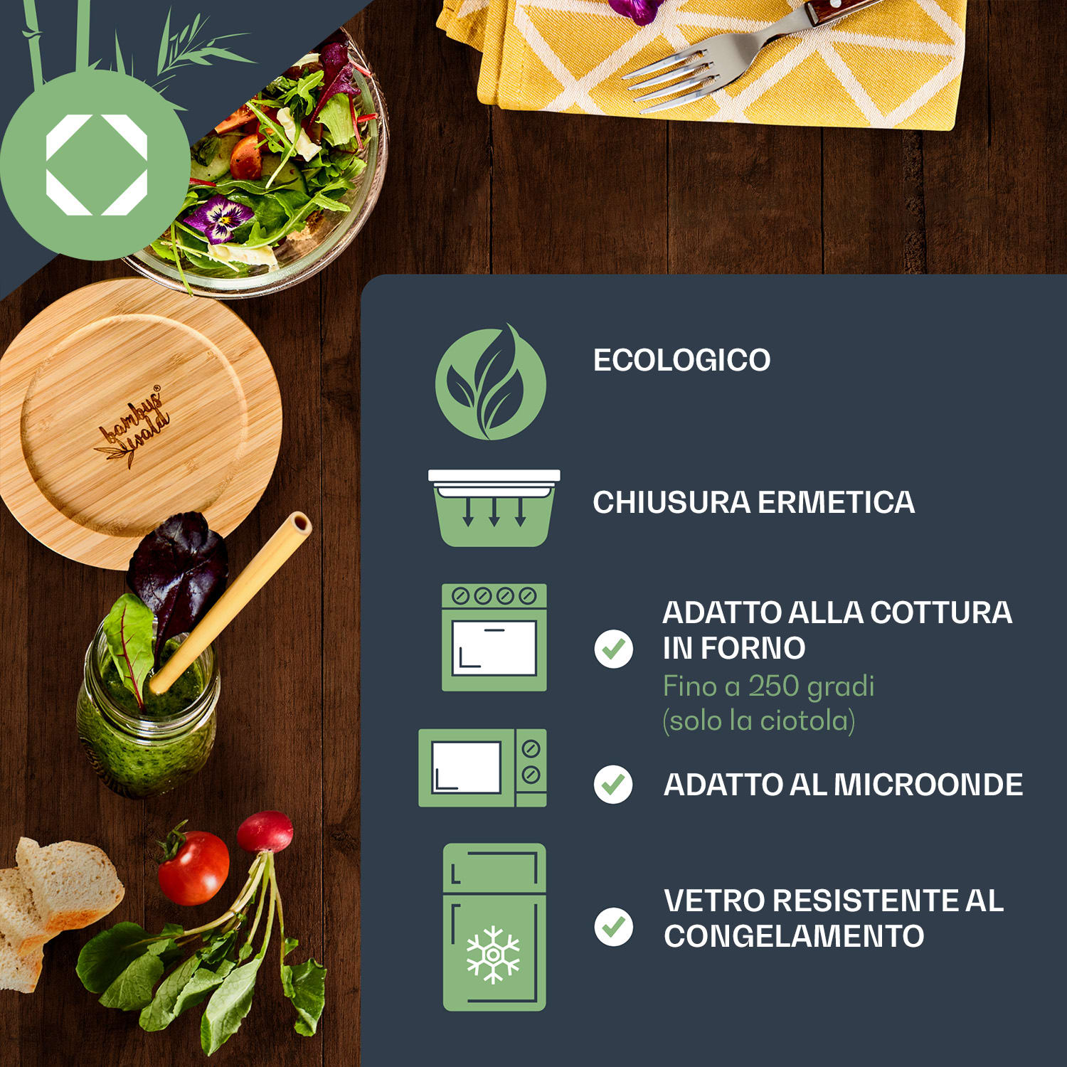 Set di 3 barattoli 400 ml, 620 ml, 950 ml Coperchio in bambù  Ermetico 