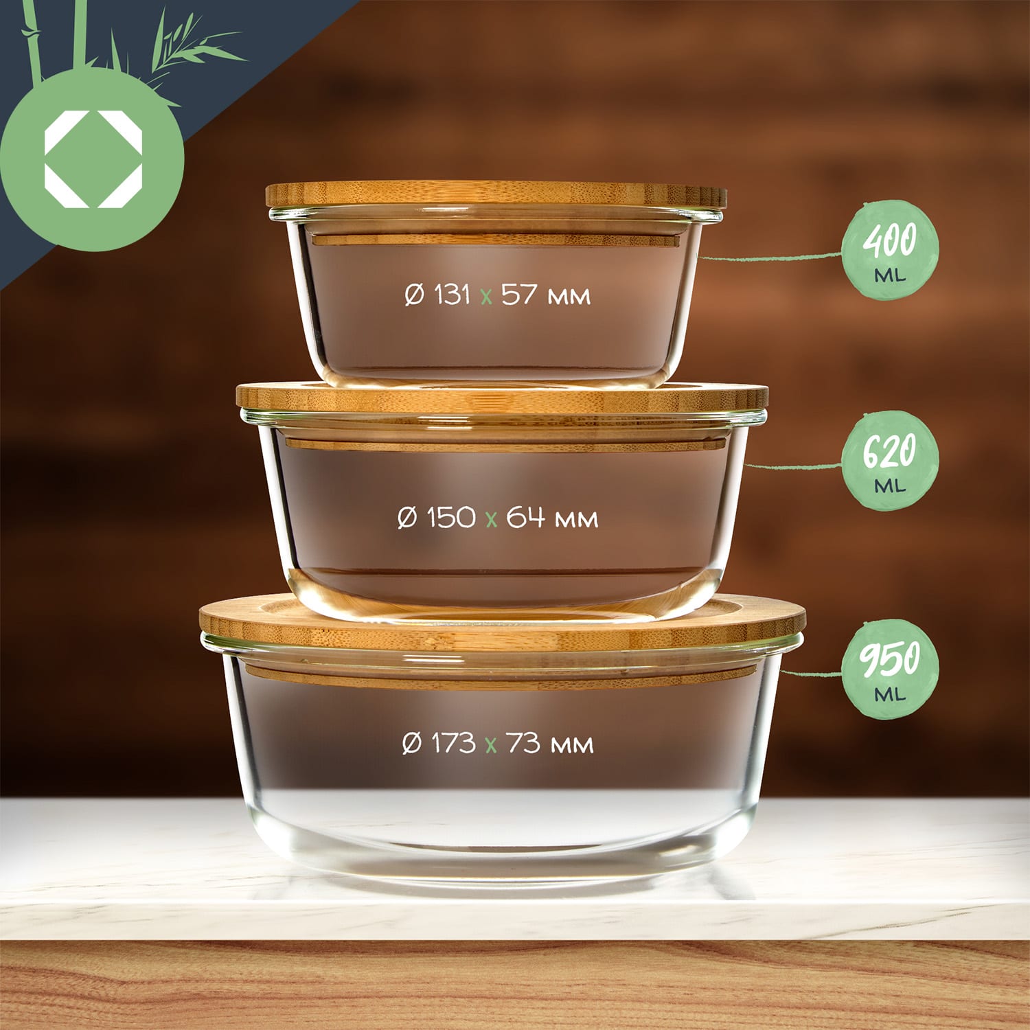 Set di 3 barattoli 400 ml, 620 ml, 950 ml Coperchio in bambù  Ermetico 