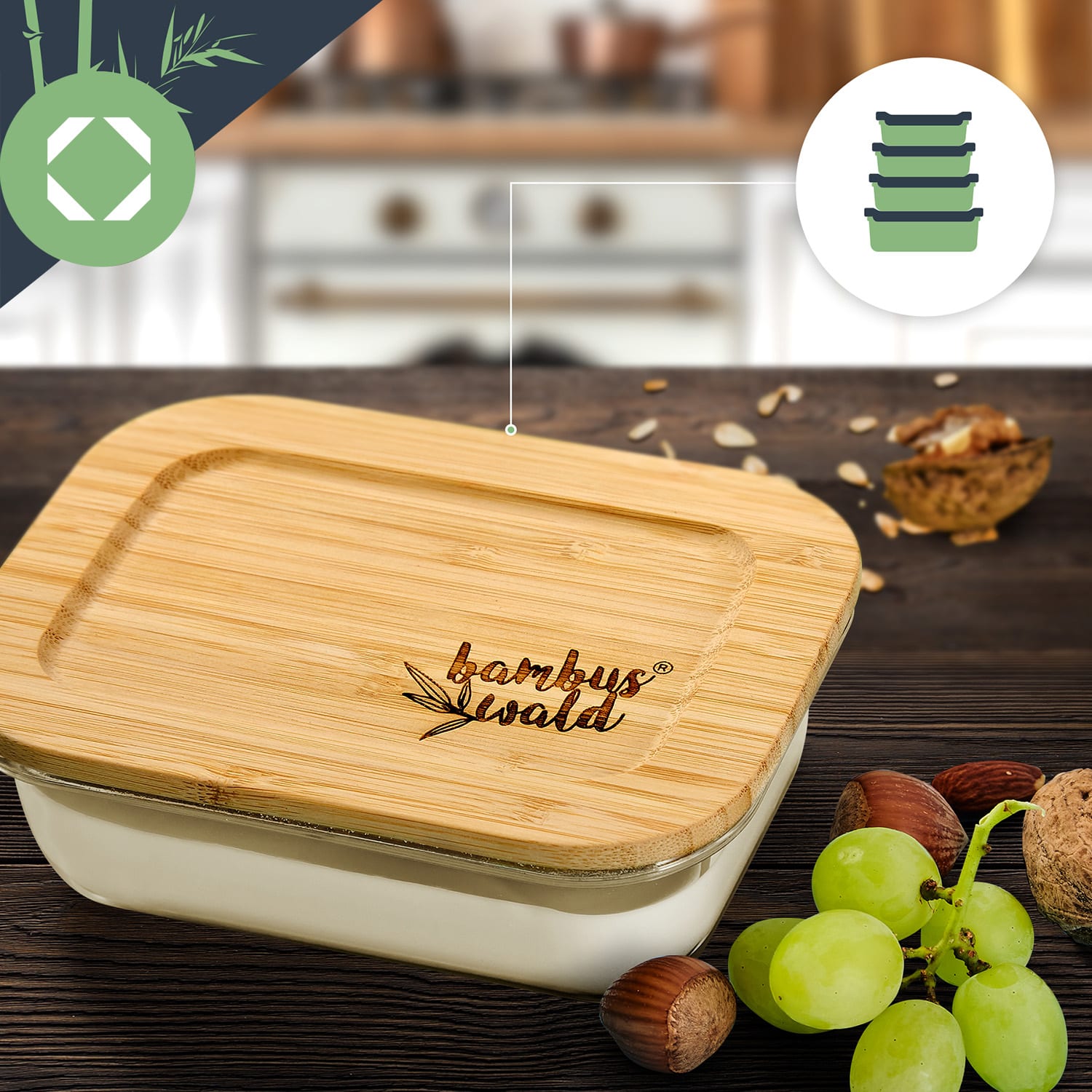 Súprava hranatých dóz na skladovanie potravín, súprava 4 kusov, rôzne veľkosti, sklo, bambusový vrchnák 