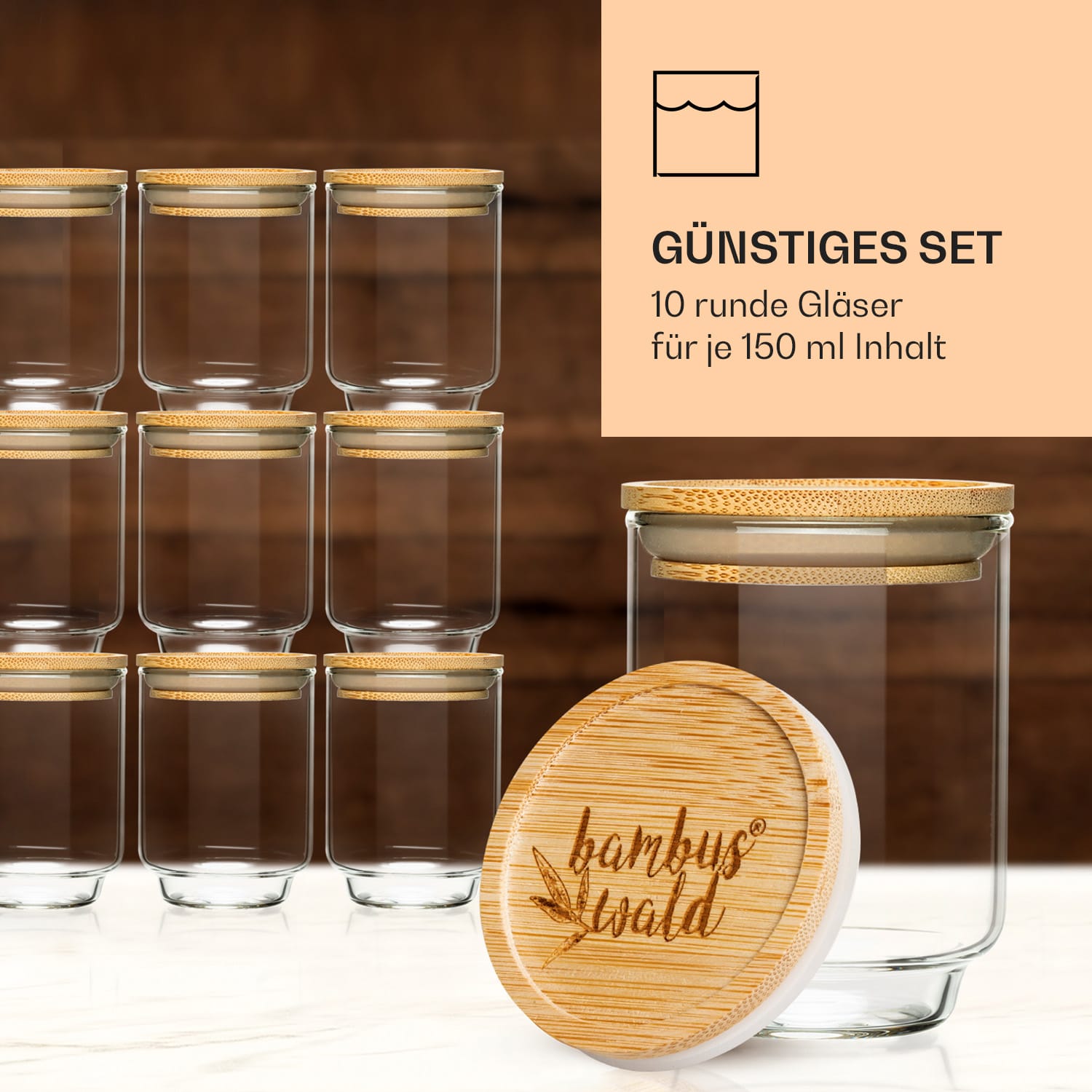 Gewürzgläser Bambusdeckel 10 Stück je 150 ml luftdicht stapelbar 