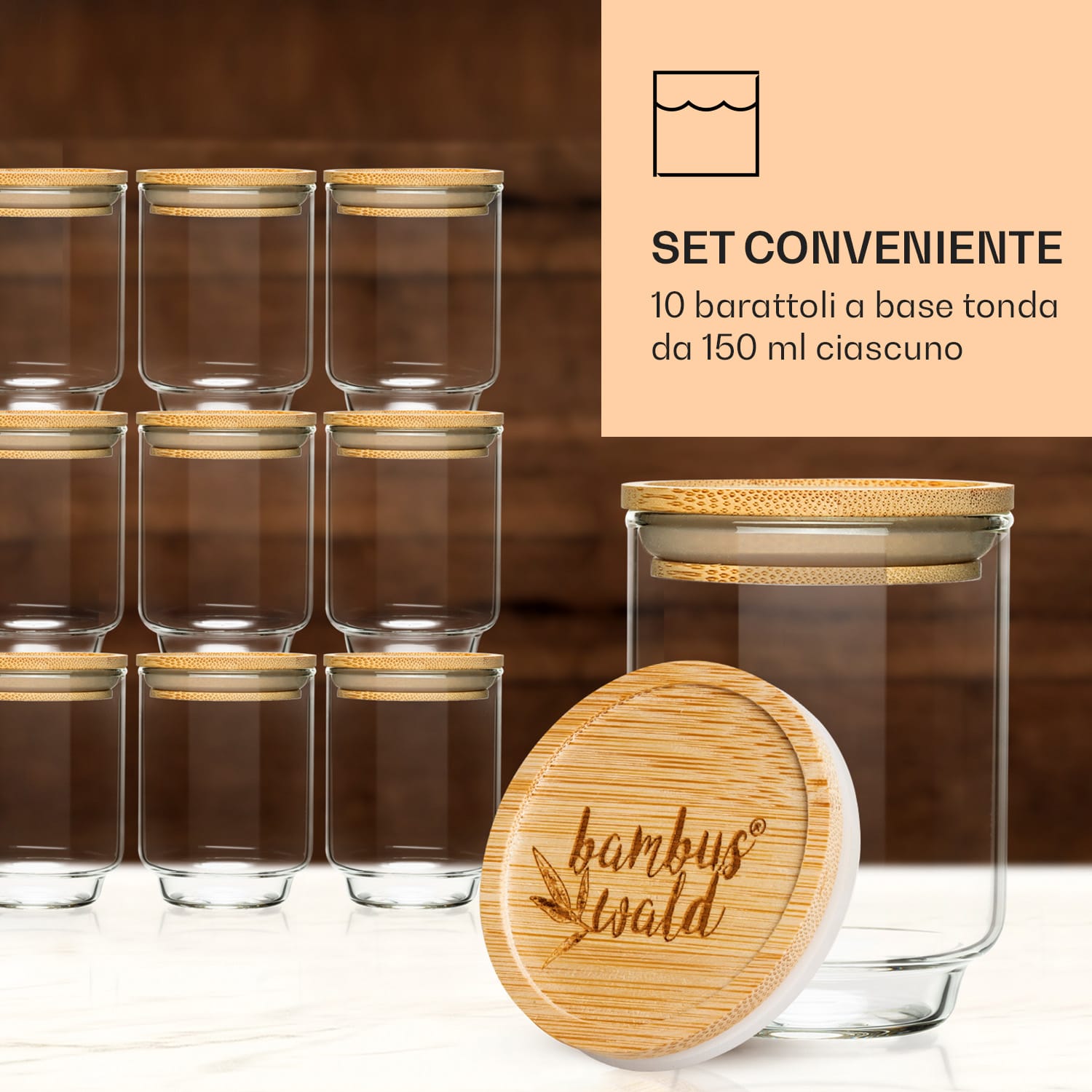 Barattoli di spezie Coperchi di bambù 10 pezzi 150 ml cad. Chiusura ermetica 