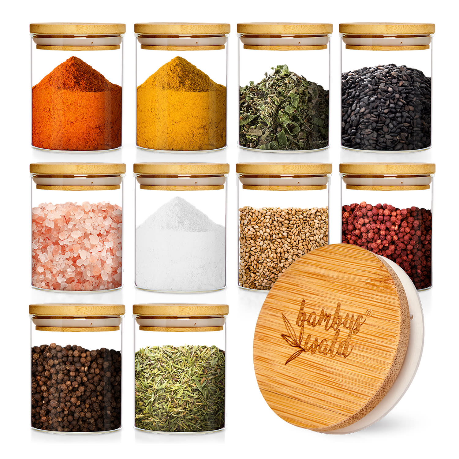 Zestaw szklanych pojemników na żywność, okrągłe, pokrywka bambusowa, 10 x 150 ml, hermetyczne 