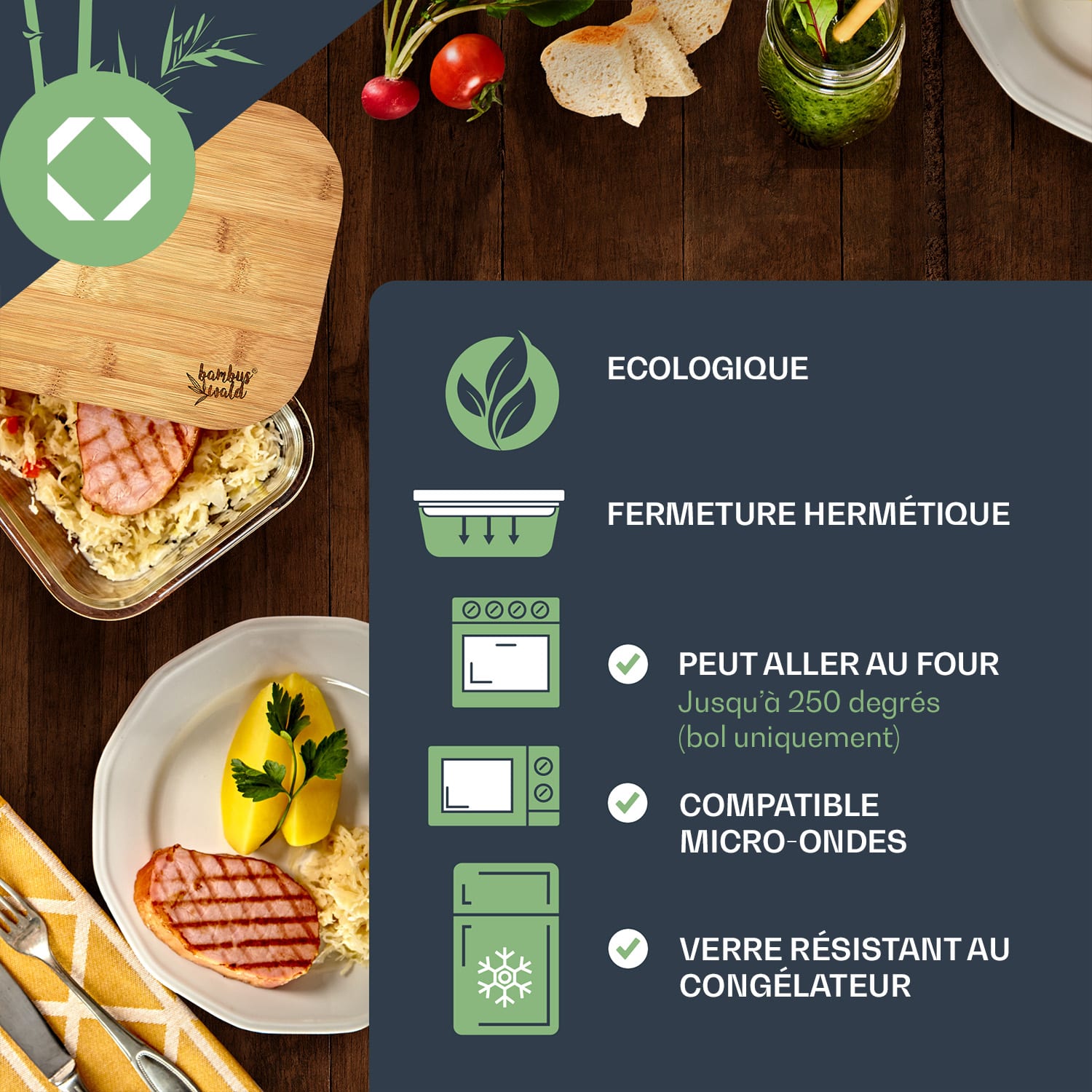 Boîte en verre avec couvercle en bambou 2800 ml hermétique et conservation sans plastique 2800 ml
