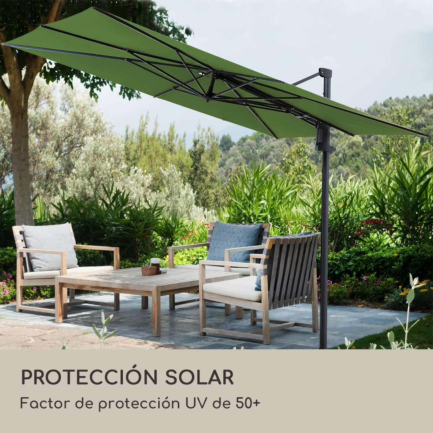 Saint-Tropez Sombrilla Rotación en 3 ejes 360° Giratoria 3 x 3,55 m Protección UV 50+ Verde Oliva