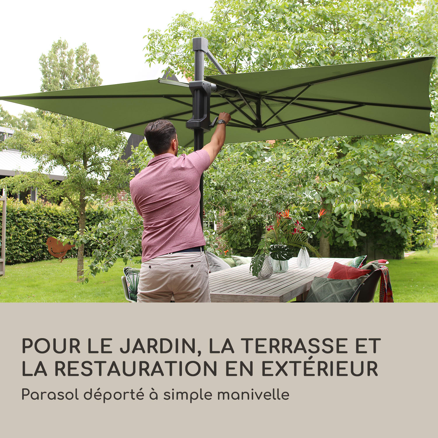 Saint-Tropez Parasol déporté 3 axes rotation 360° 3 x 3,55 m protection UV 50+ Vert Olive