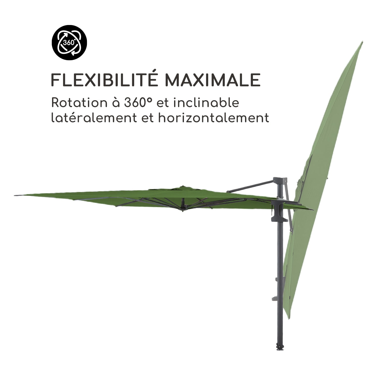 Saint-Tropez Parasol déporté 3 axes rotation 360° 3 x 3,55 m protection UV 50+ Vert Olive