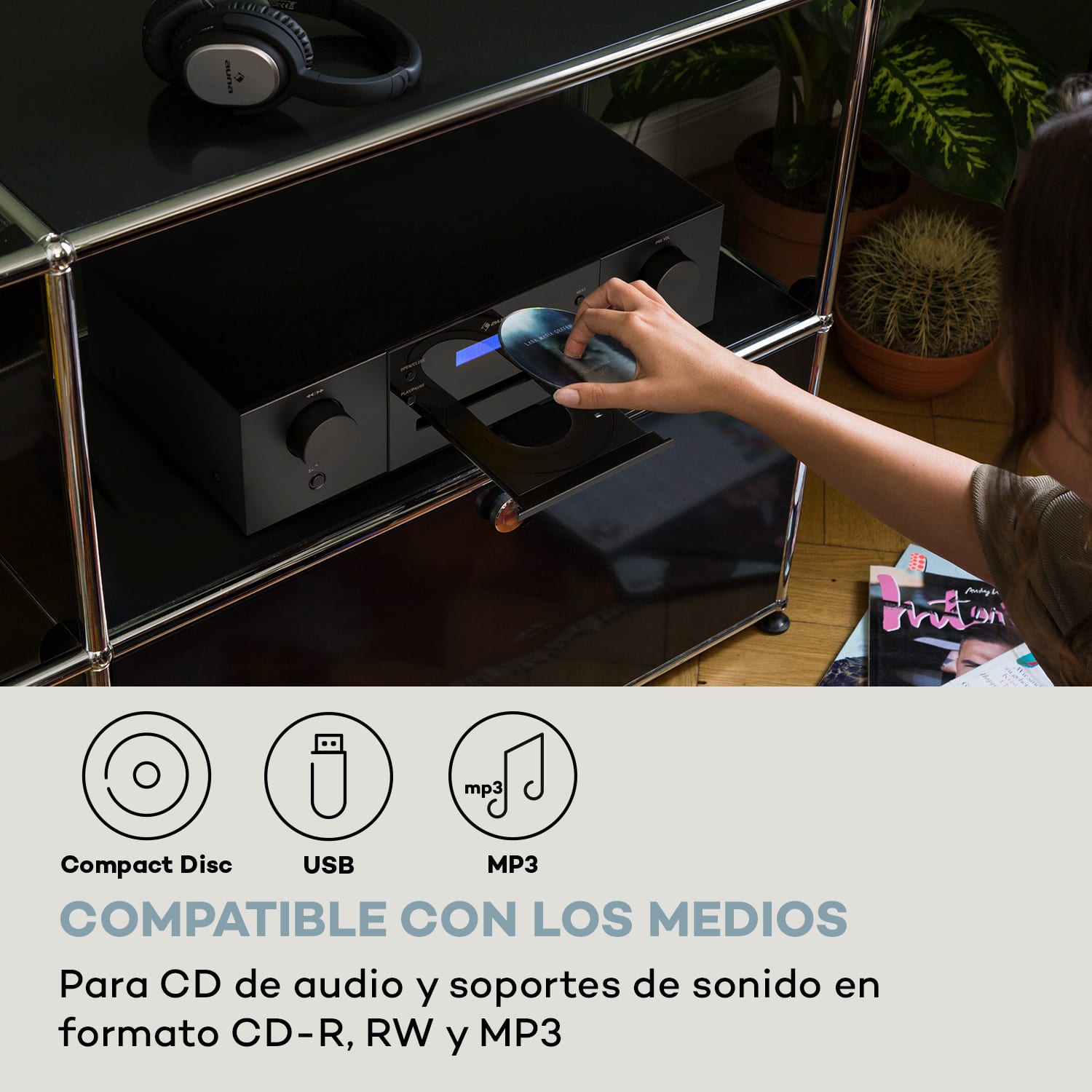 CD-1000 DG Reproductor de CD USB MP3 mando a distancia pantalla LED aluminio  Negro