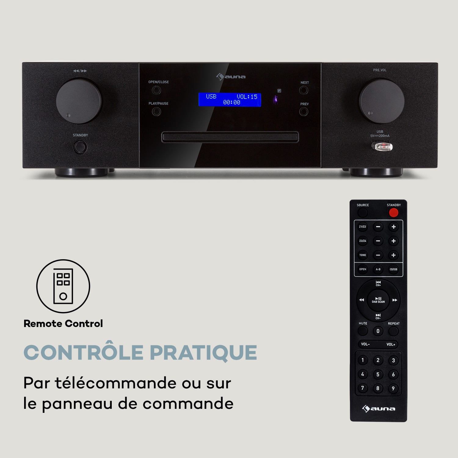 CD-1000 DG Lecteur CD USB MP3 Télécommande Écran LED Aluminium  Noir