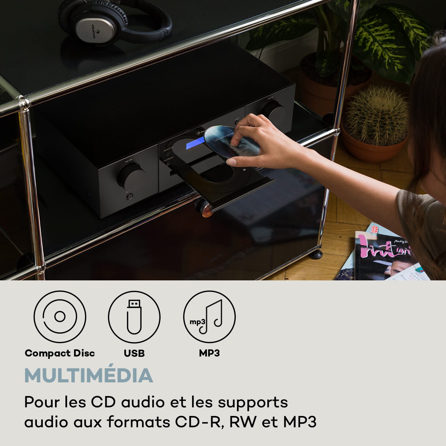 CD-1000 DG Lecteur CD USB MP3 Télécommande Écran LED Aluminium  Noir