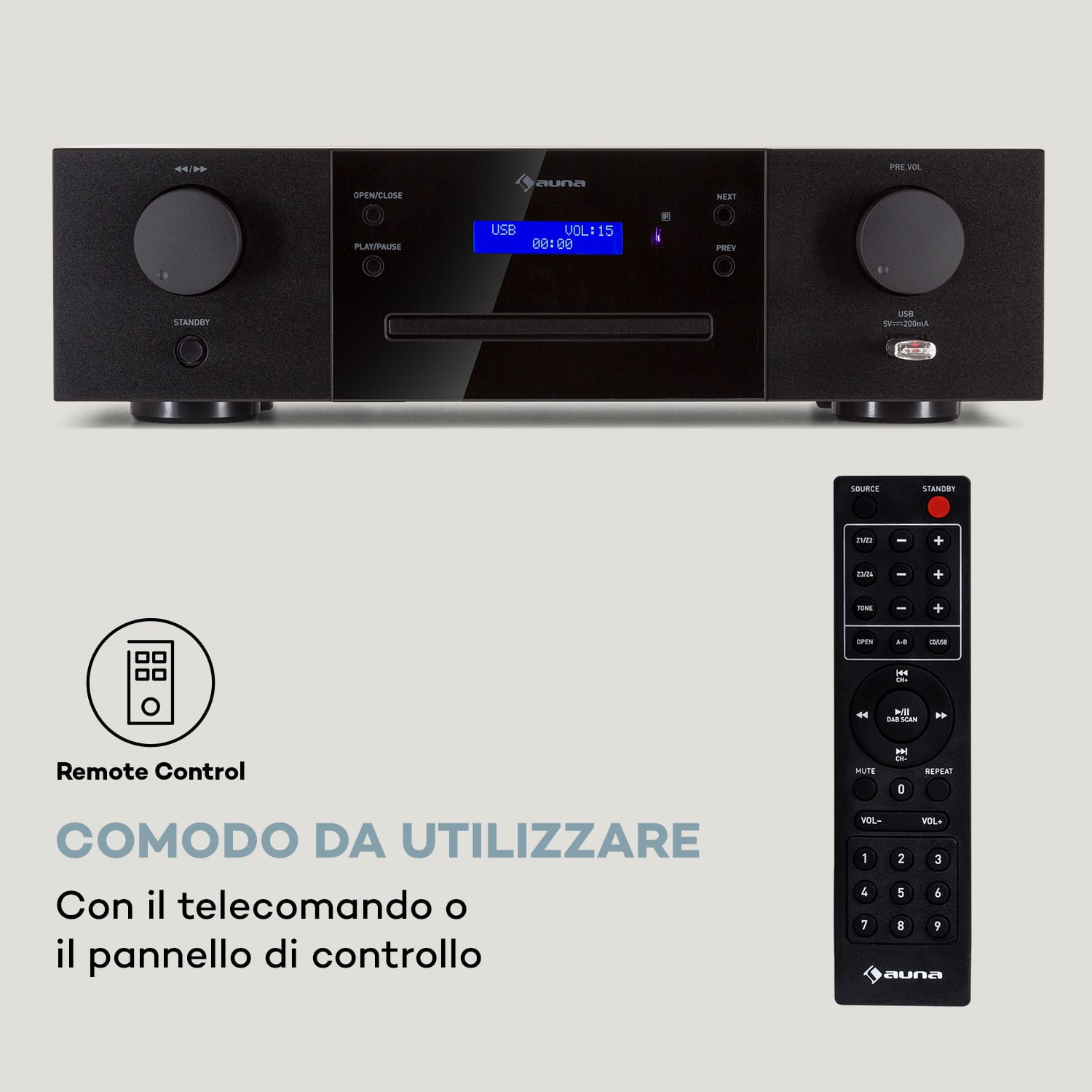 CD-1000 DG - Lettore CD, USB, MP3, telecomando, display, LED, alluminio  Nero