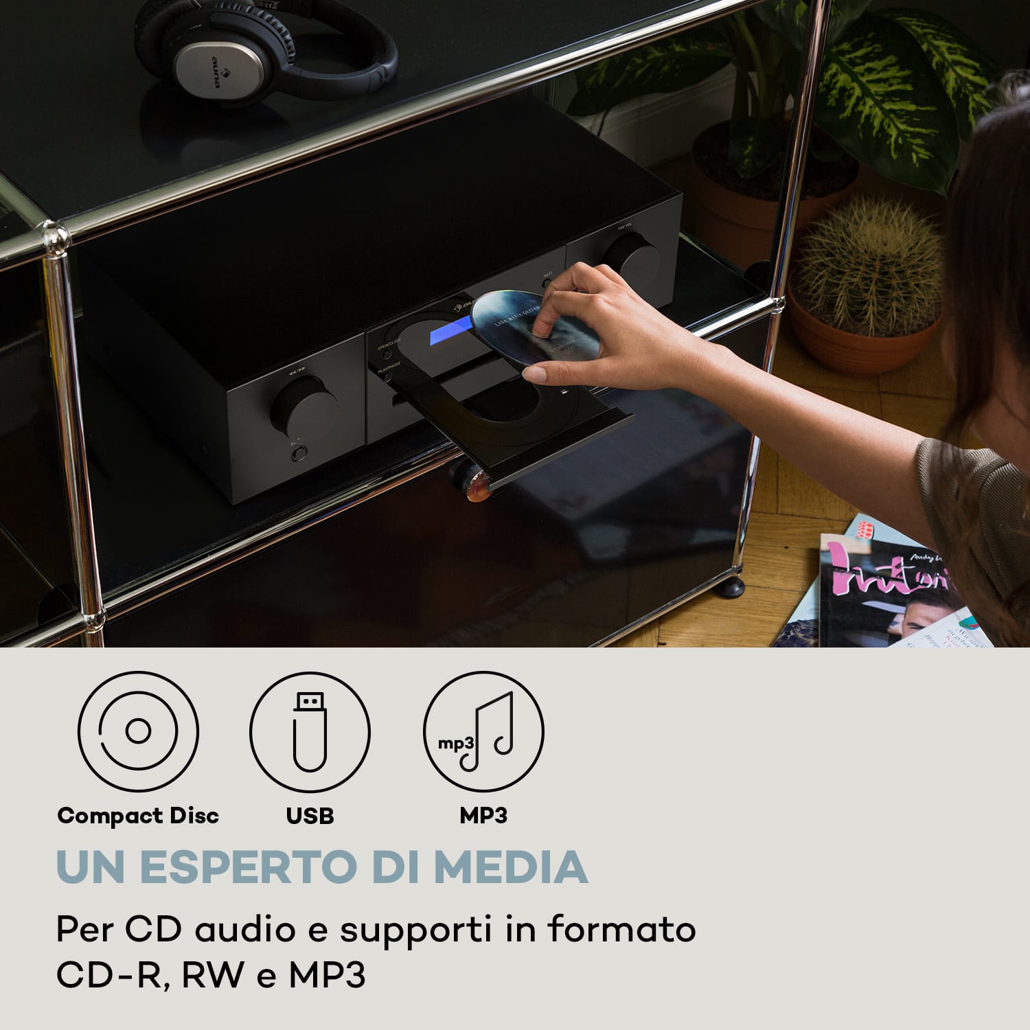CD-1000 DG - Lettore CD, USB, MP3, telecomando, display, LED, alluminio  Nero