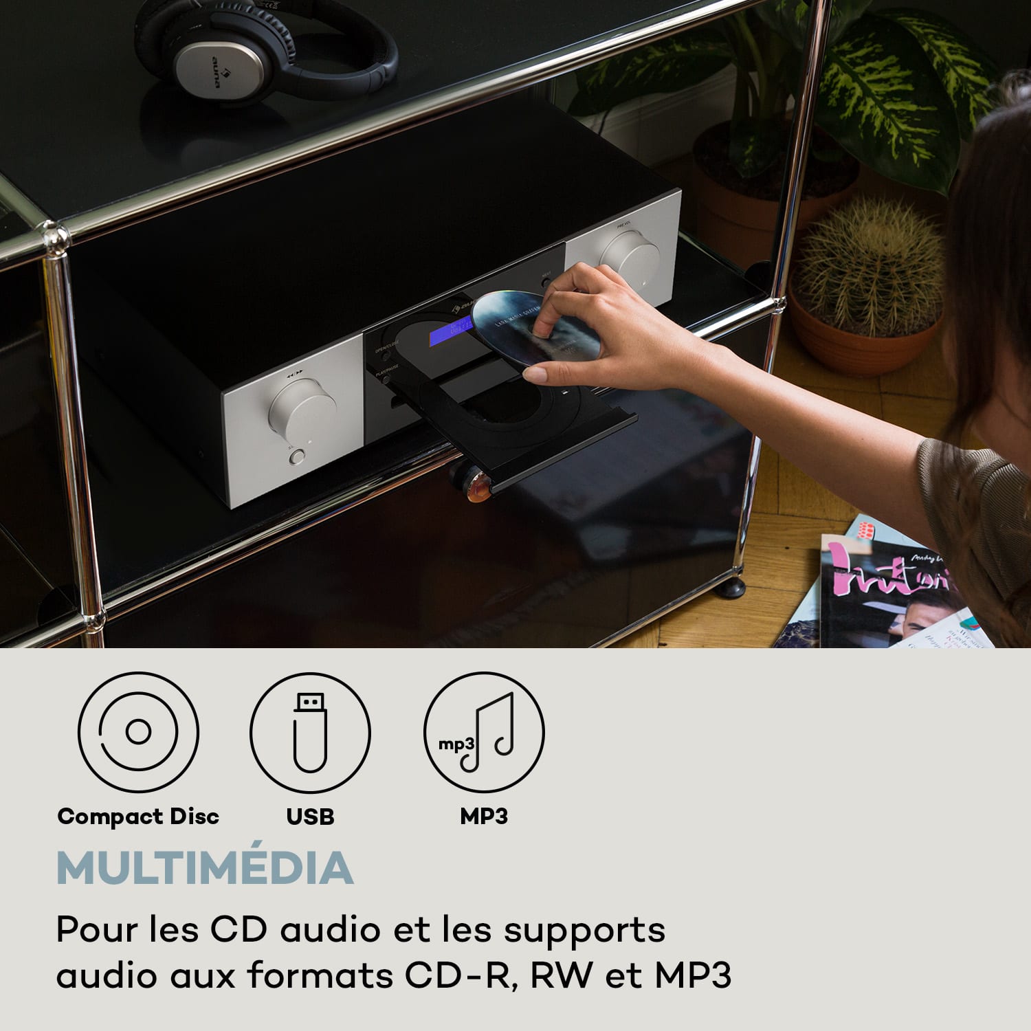 CD-1000 DG Lecteur CD USB MP3 Télécommande Écran LED Aluminium  Argent Métallisé