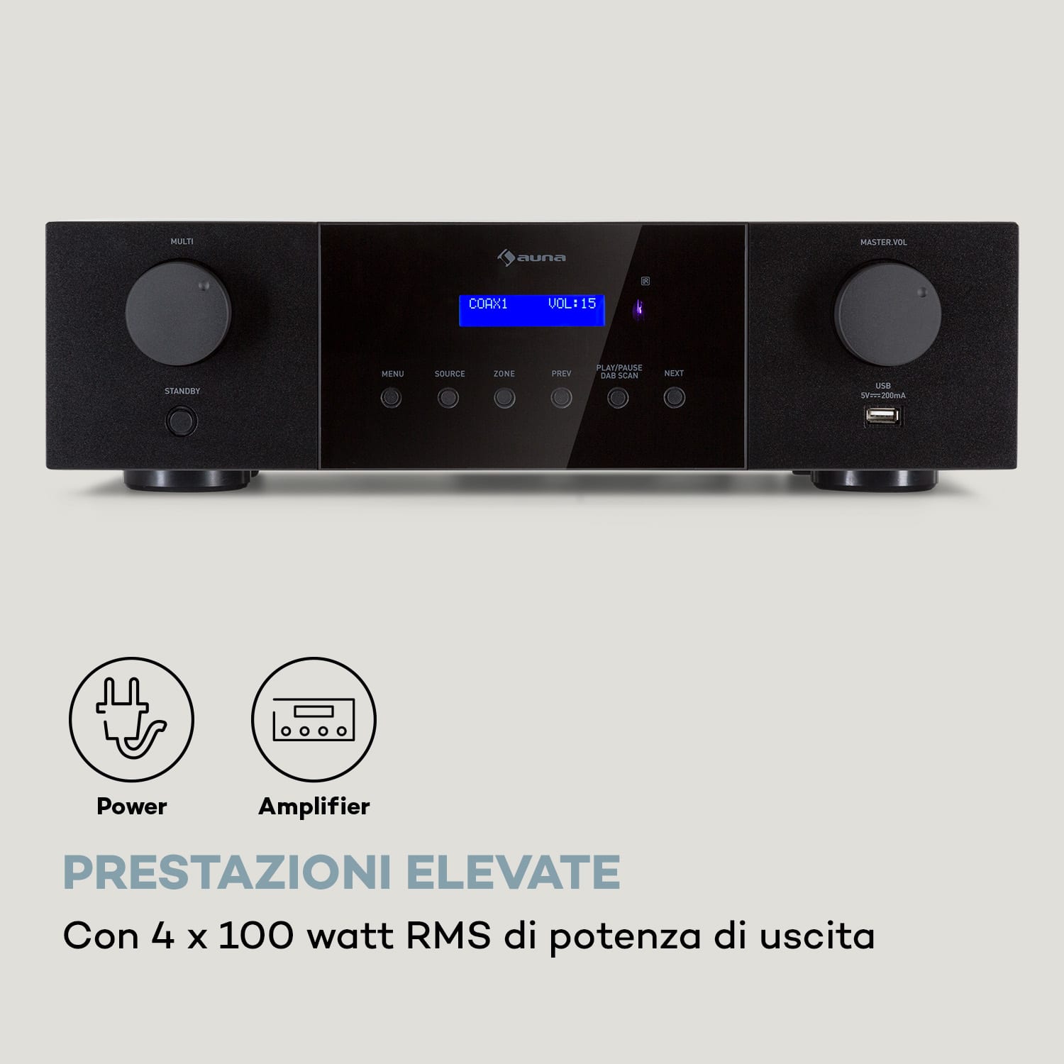 AMP-4000 DAB - Amplificatore stereo Hi-Fi, radio DAB+, telecomando, USB, display LED  Nero