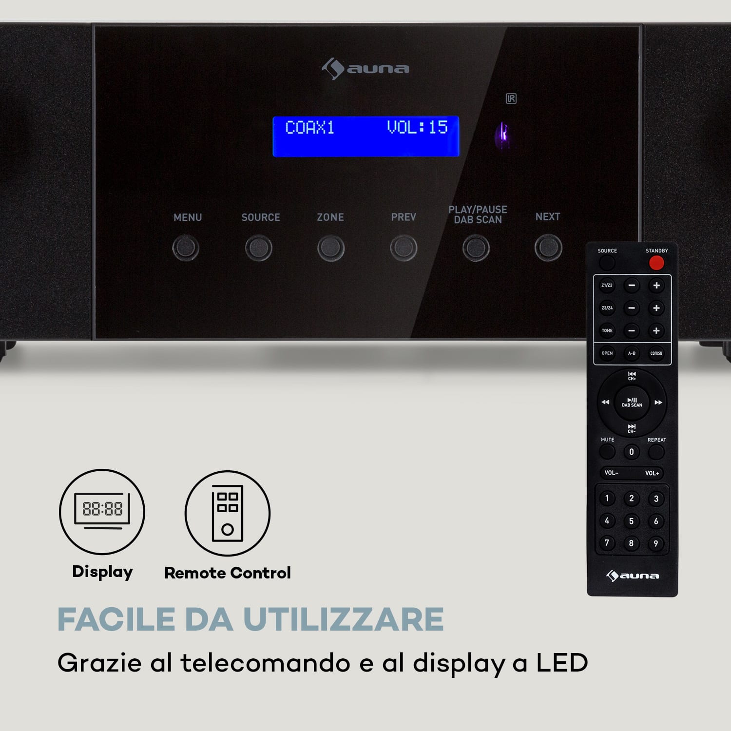 AMP-4000 DAB - Amplificatore stereo Hi-Fi, radio DAB+, telecomando, USB, display LED  Nero