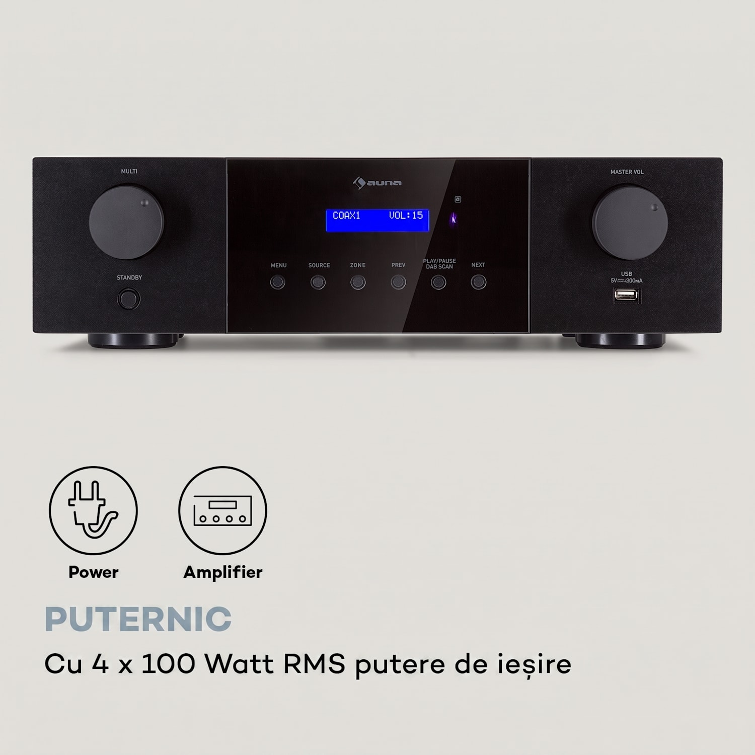 AMP-4000 DAB, amplificator stereo Hifi, radio DAB+, USB, telecomandă, afișaj LED Negru