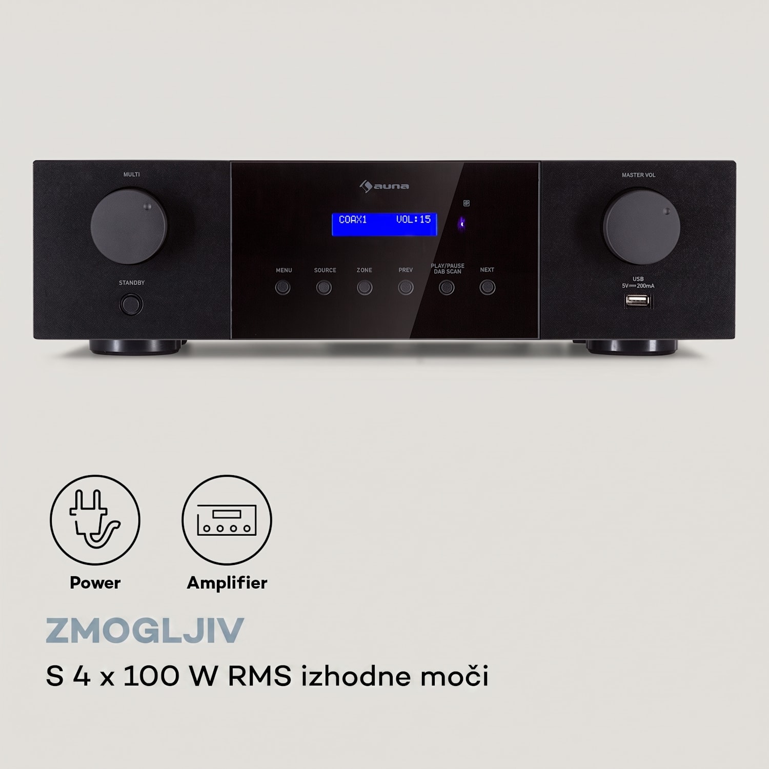 AMP-4000 DAB, Hifi stereo ojačevalnik, radio DAB+, USB, daljinski upravljalnik, LED zaslon Črna